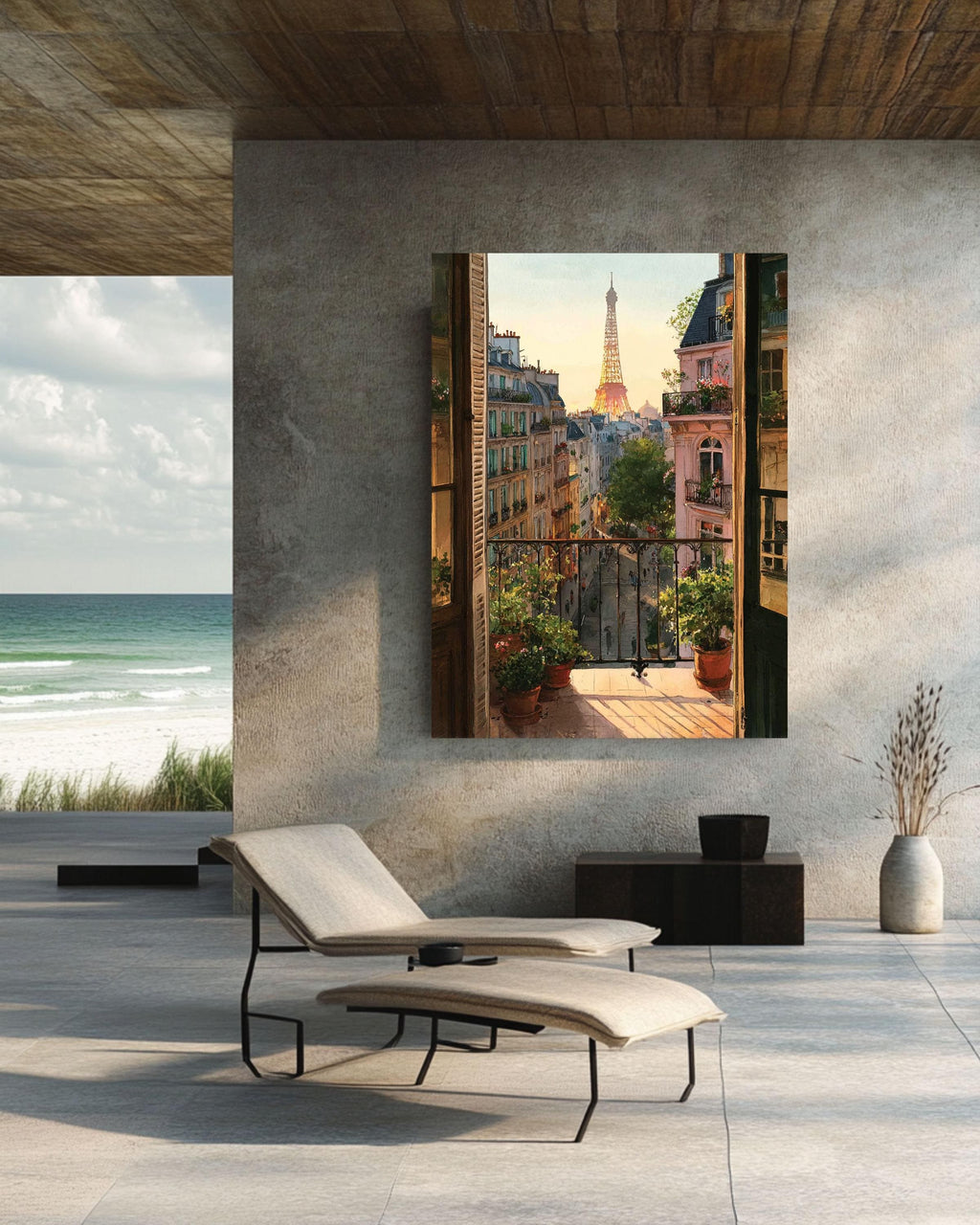 Eiffel Tower Sunset Watercolor Canvas - Paris Balcony View Art
