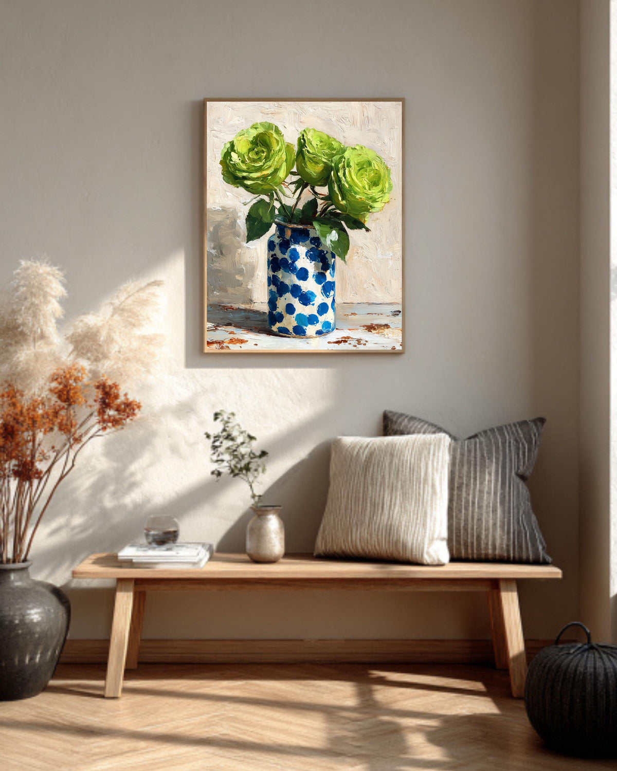 Green Roses Impasto Oil Painting: Blue Polka Dot Vase Canvas Art