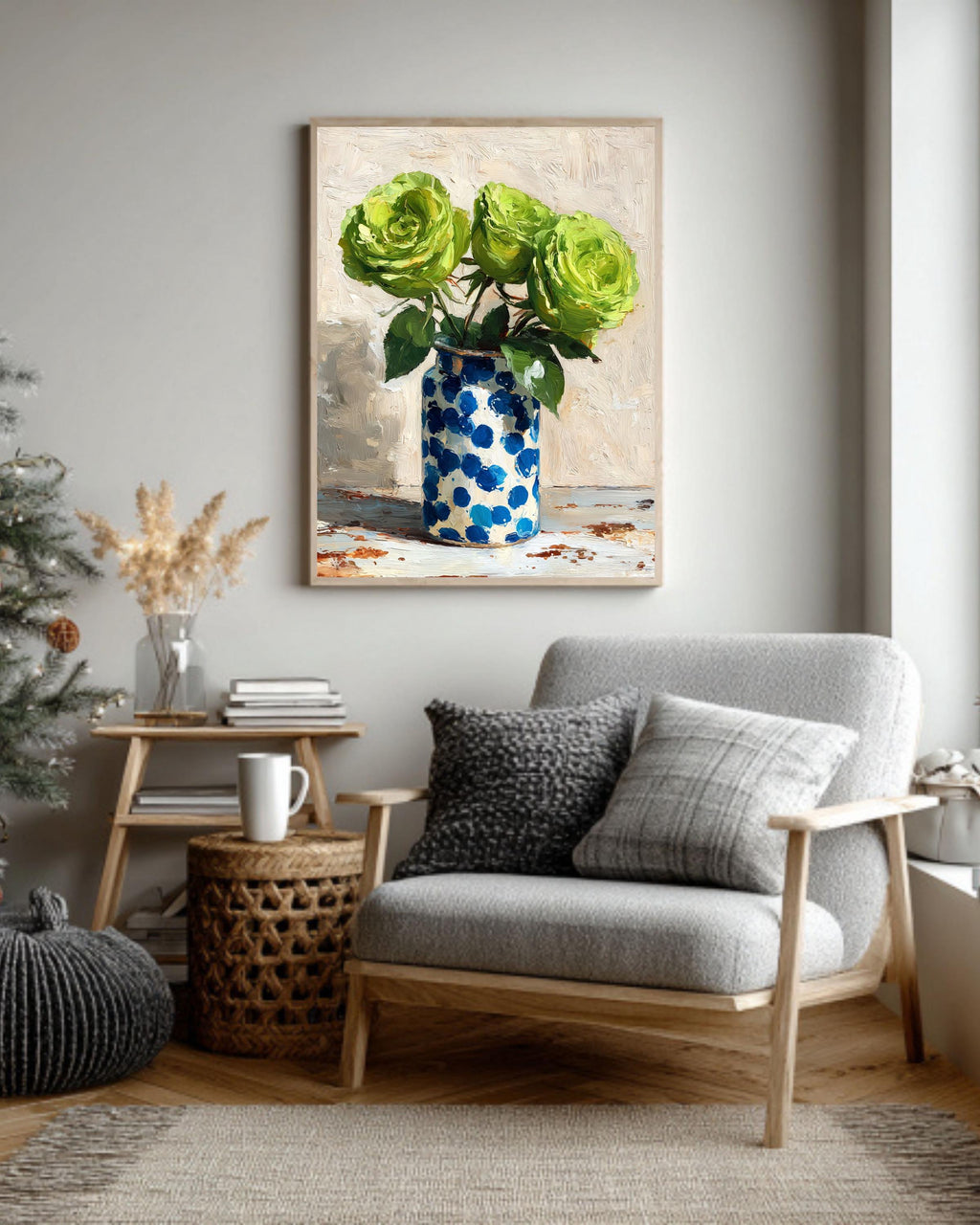 Green Roses Impasto Oil Painting: Blue Polka Dot Vase Canvas Art