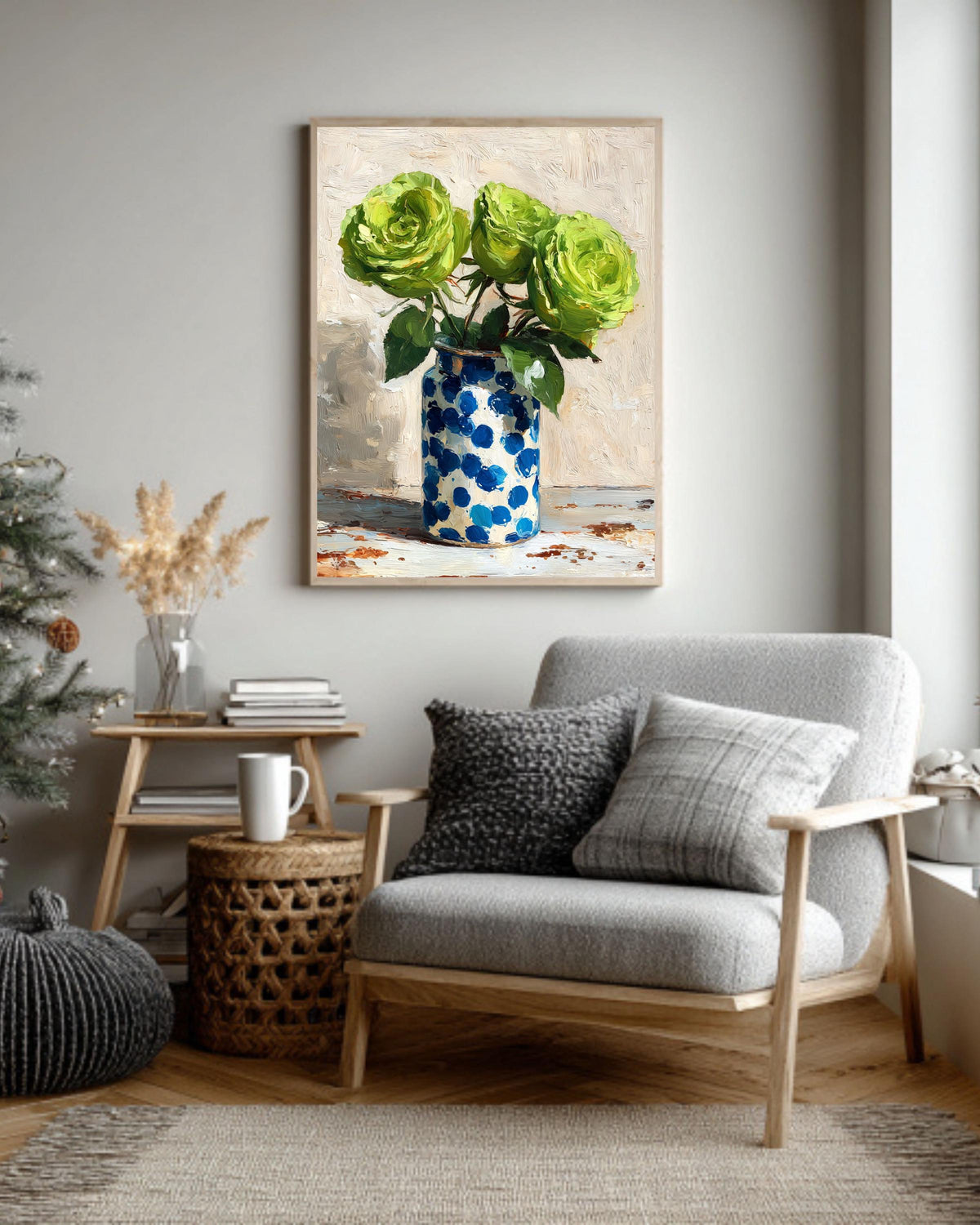 Green Roses Impasto Oil Painting: Blue Polka Dot Vase Canvas Art