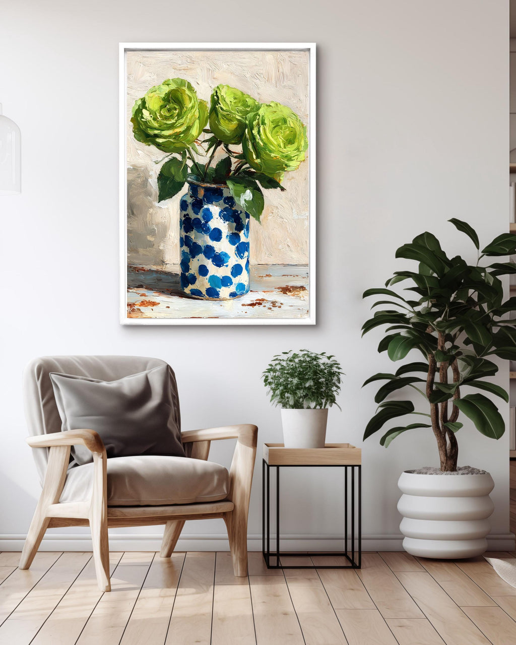 Green Roses Impasto Oil Painting: Blue Polka Dot Vase Canvas Art