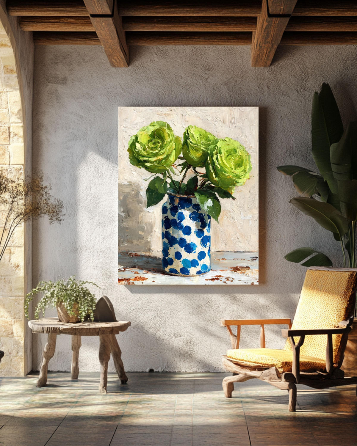 Green Roses Impasto Oil Painting: Blue Polka Dot Vase Canvas Art