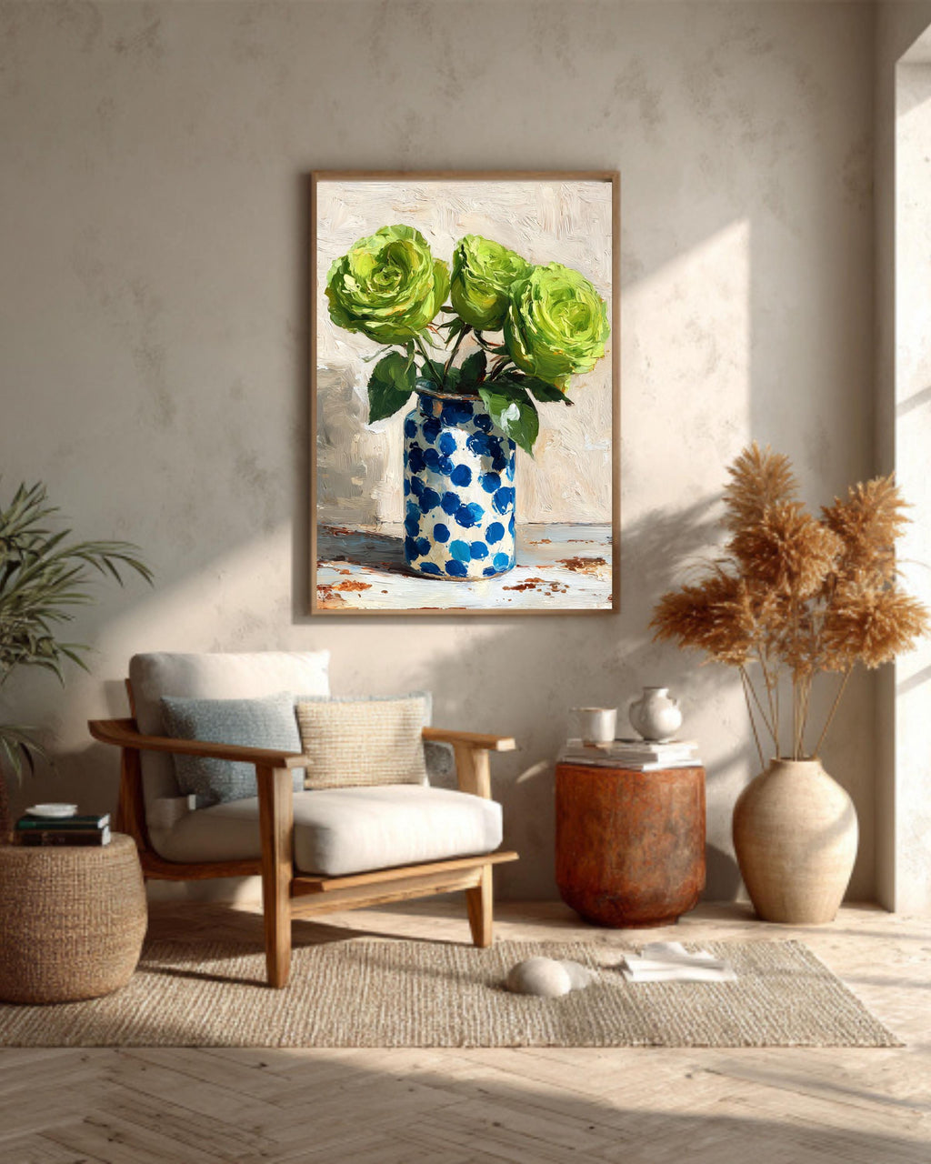 Green Roses Impasto Oil Painting: Blue Polka Dot Vase Canvas Art