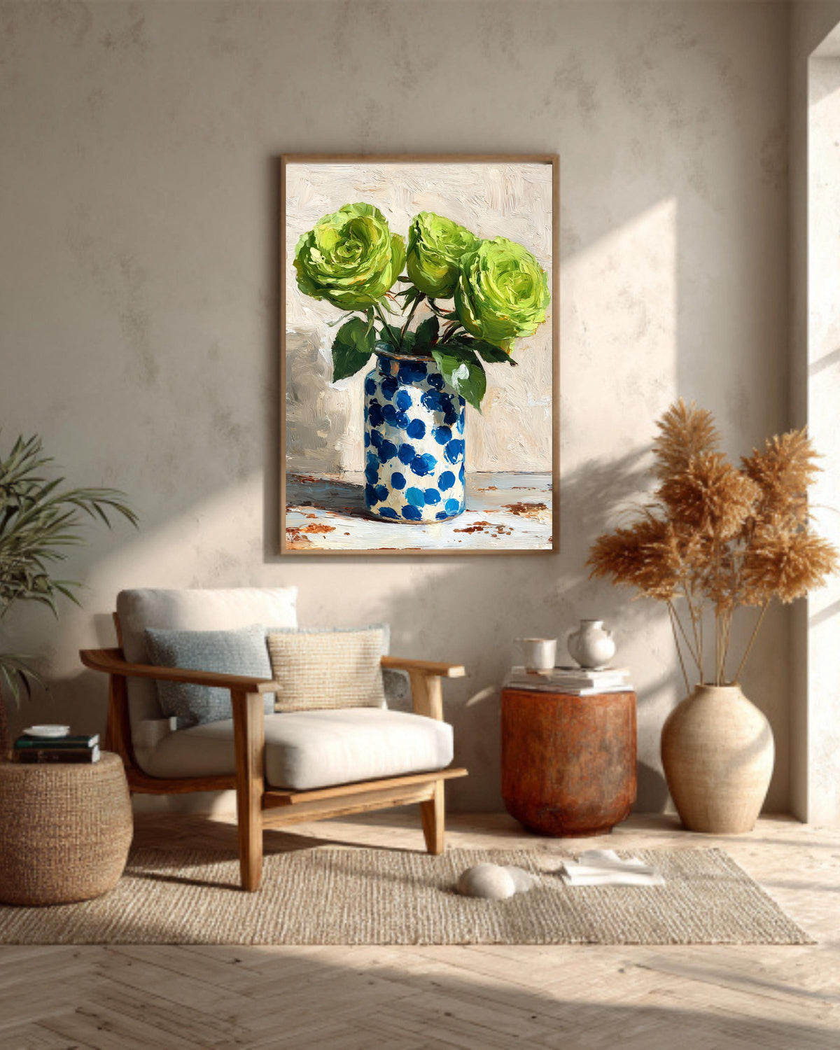 Green Roses Impasto Oil Painting: Blue Polka Dot Vase Canvas Art