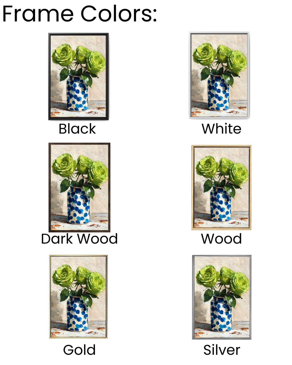 Green Roses Impasto Oil Painting: Blue Polka Dot Vase Canvas Art