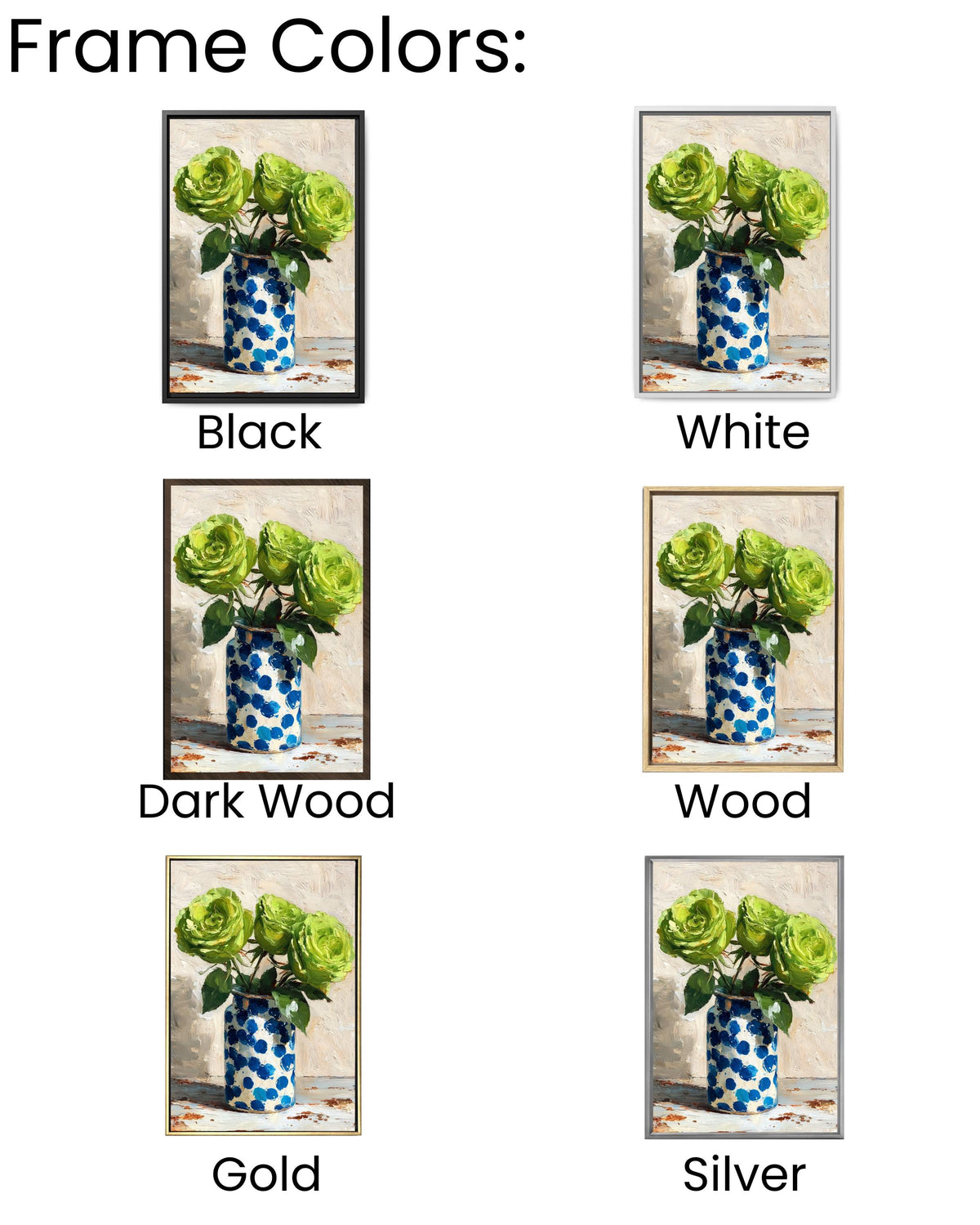 Green Roses Impasto Oil Painting: Blue Polka Dot Vase Canvas Art