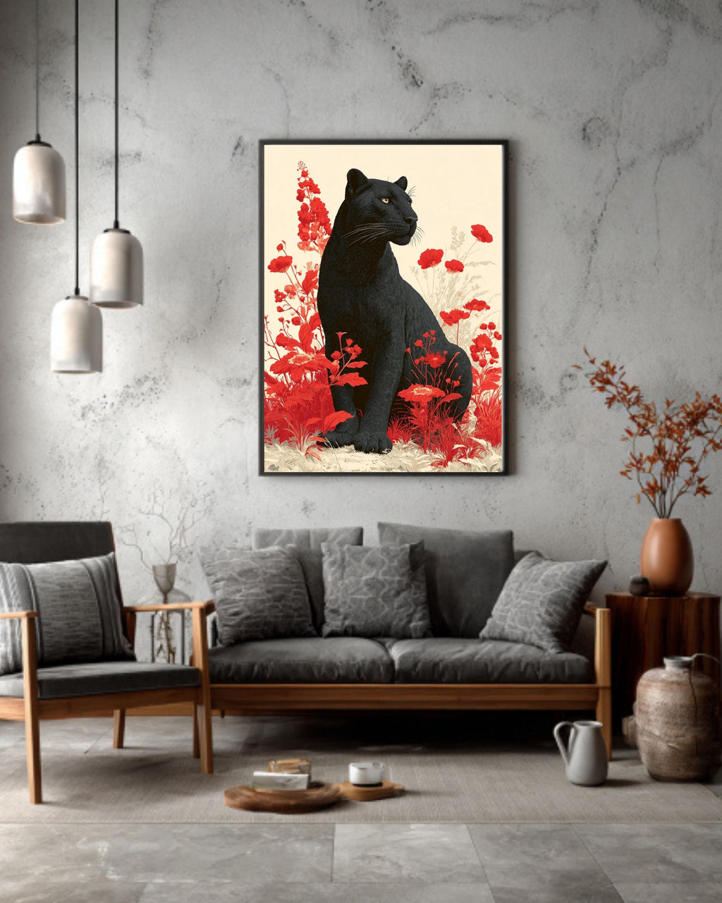 Black Leopard Canvas Print: Red Floral Botanical Animal Portrait