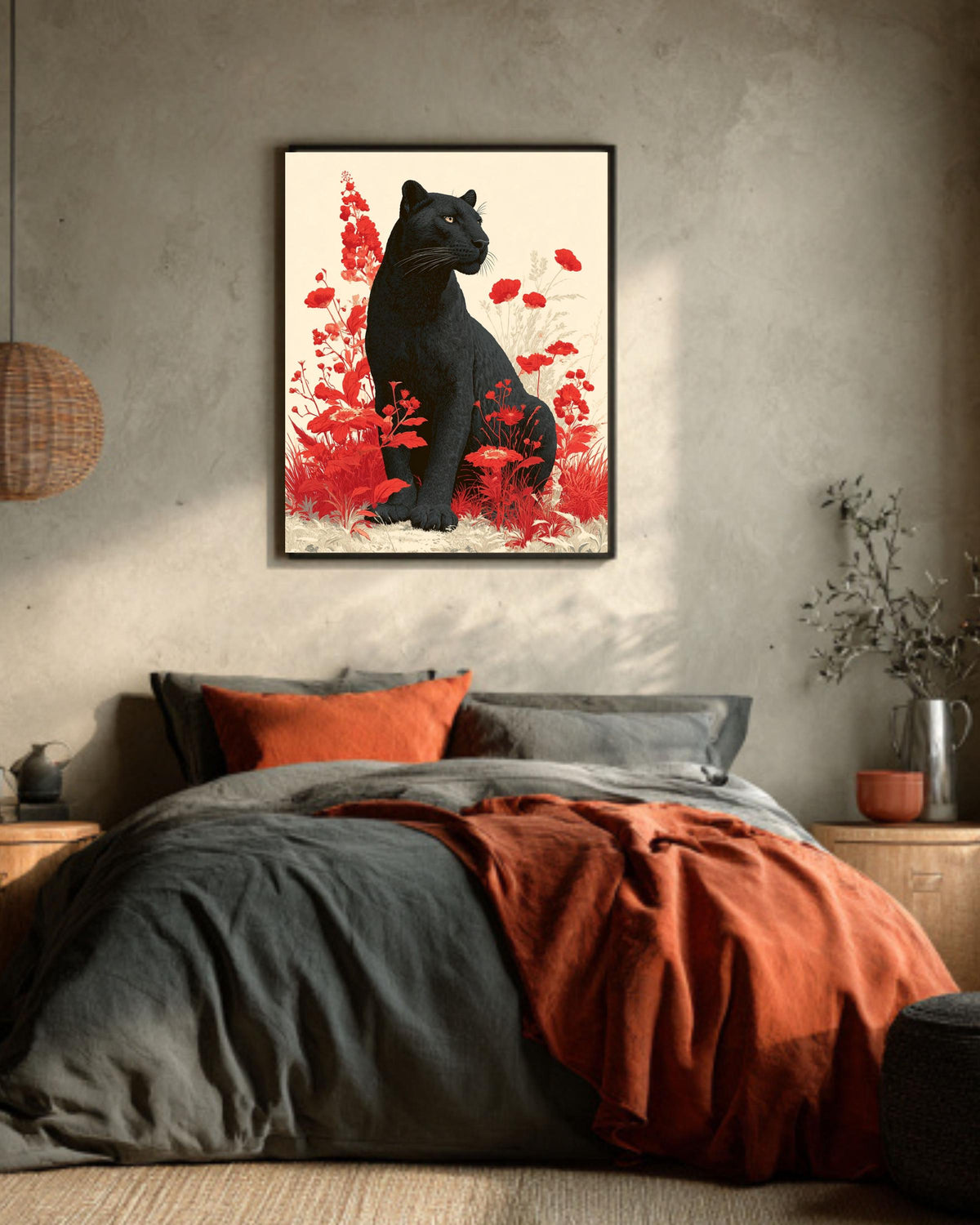 Black Leopard Canvas Print: Red Floral Botanical Animal Portrait