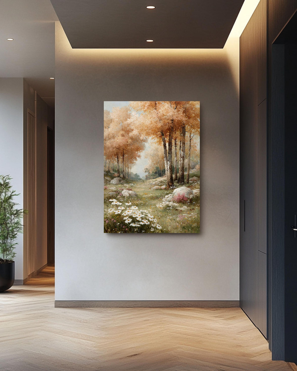 Vintage Autumn Forest Oil Painting: Birch Aspen Tree Canvas Print