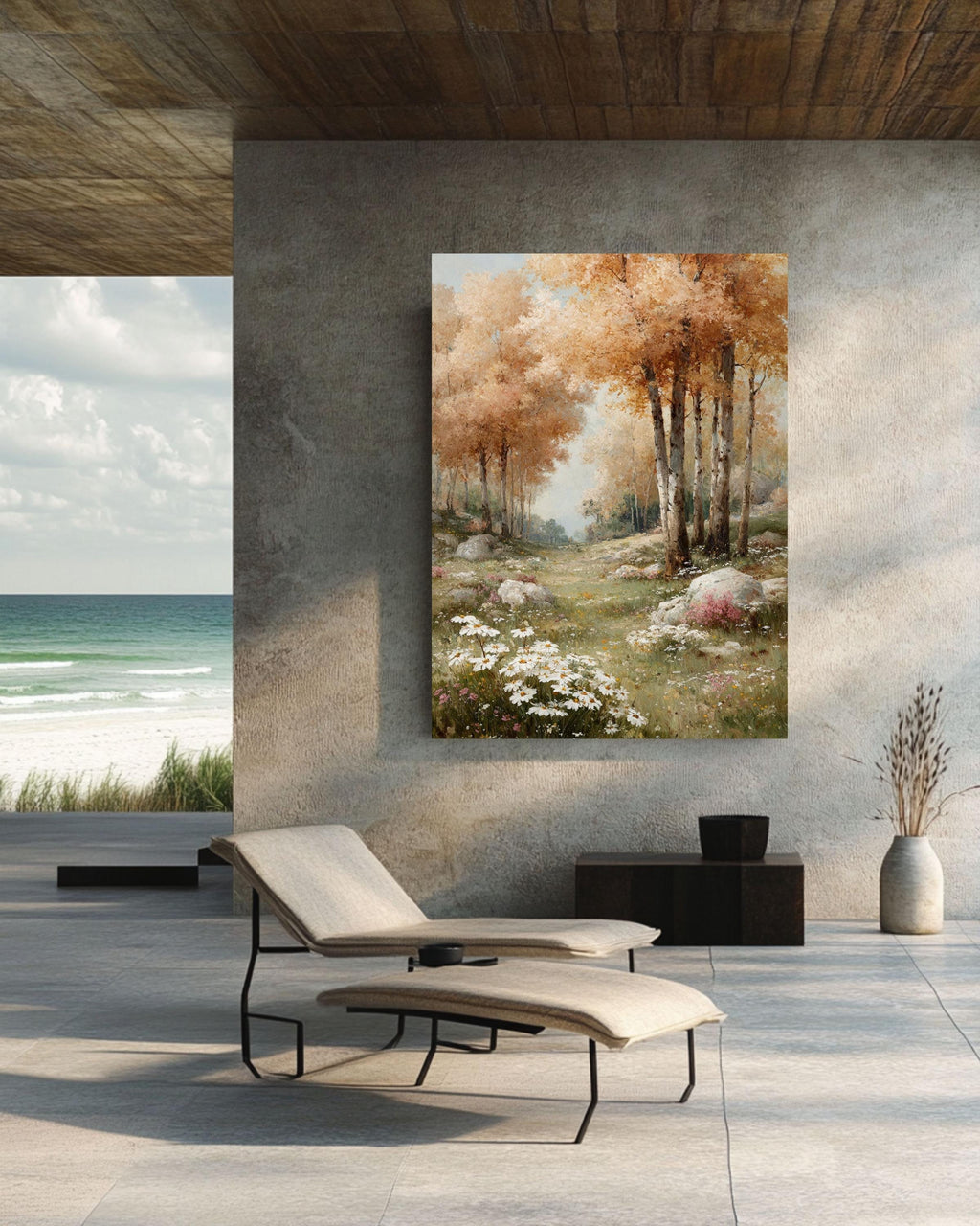 Vintage Autumn Forest Oil Painting: Birch Aspen Tree Canvas Print