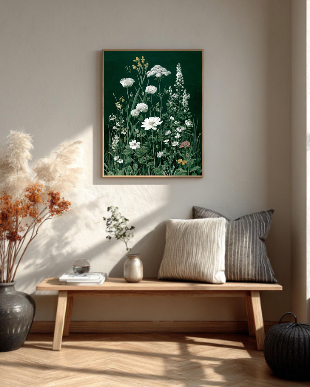 Botanical Wildflower Canvas: Dark Green Vintage Floral Illustration