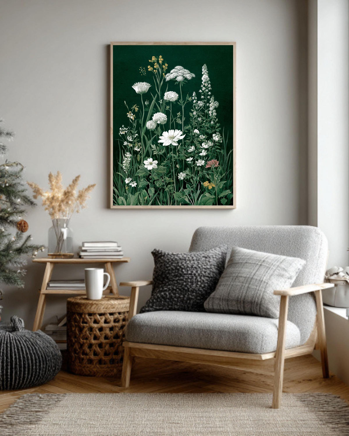 Botanical Wildflower Canvas: Dark Green Vintage Floral Illustration