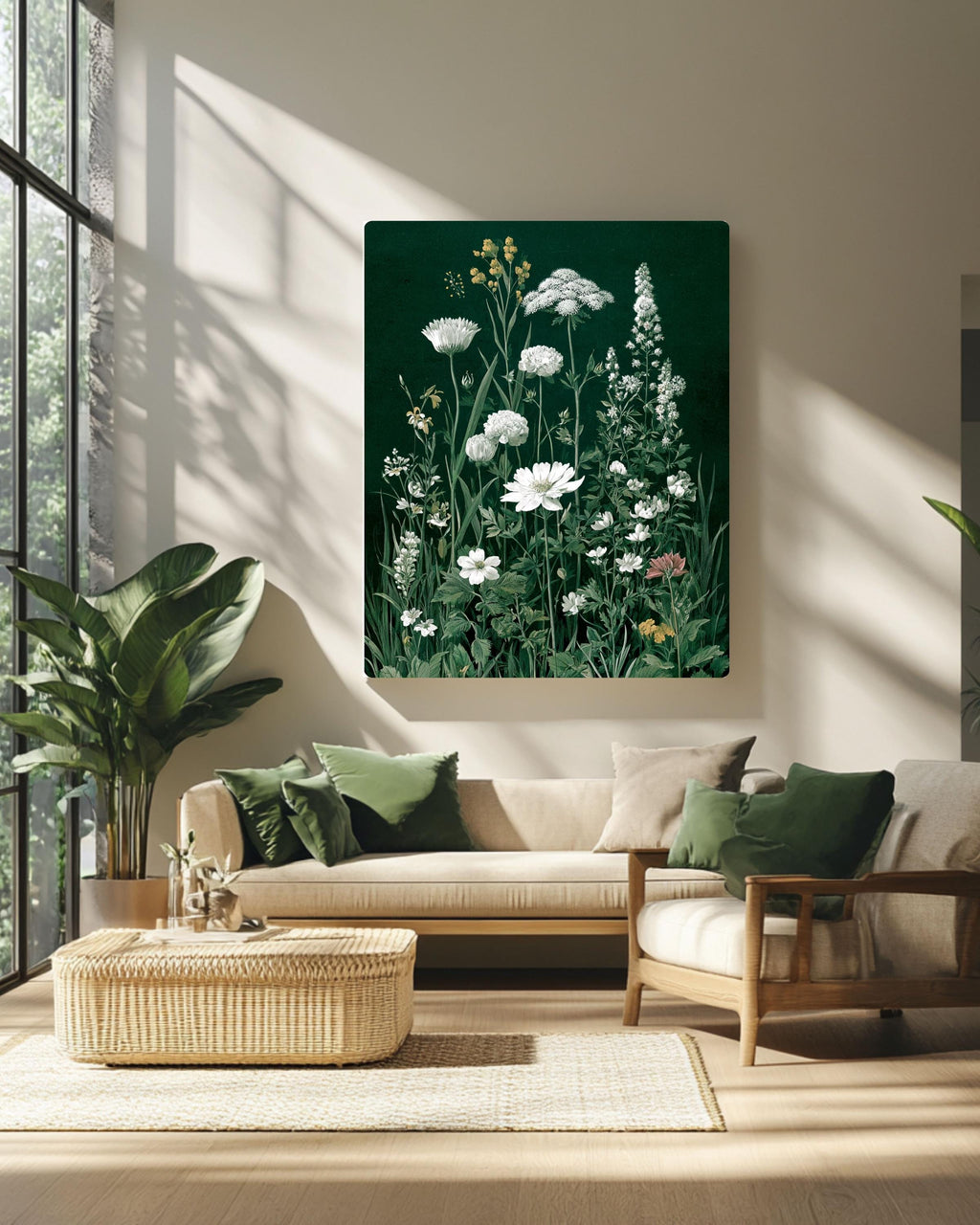 Botanical Wildflower Canvas: Dark Green Vintage Floral Illustration