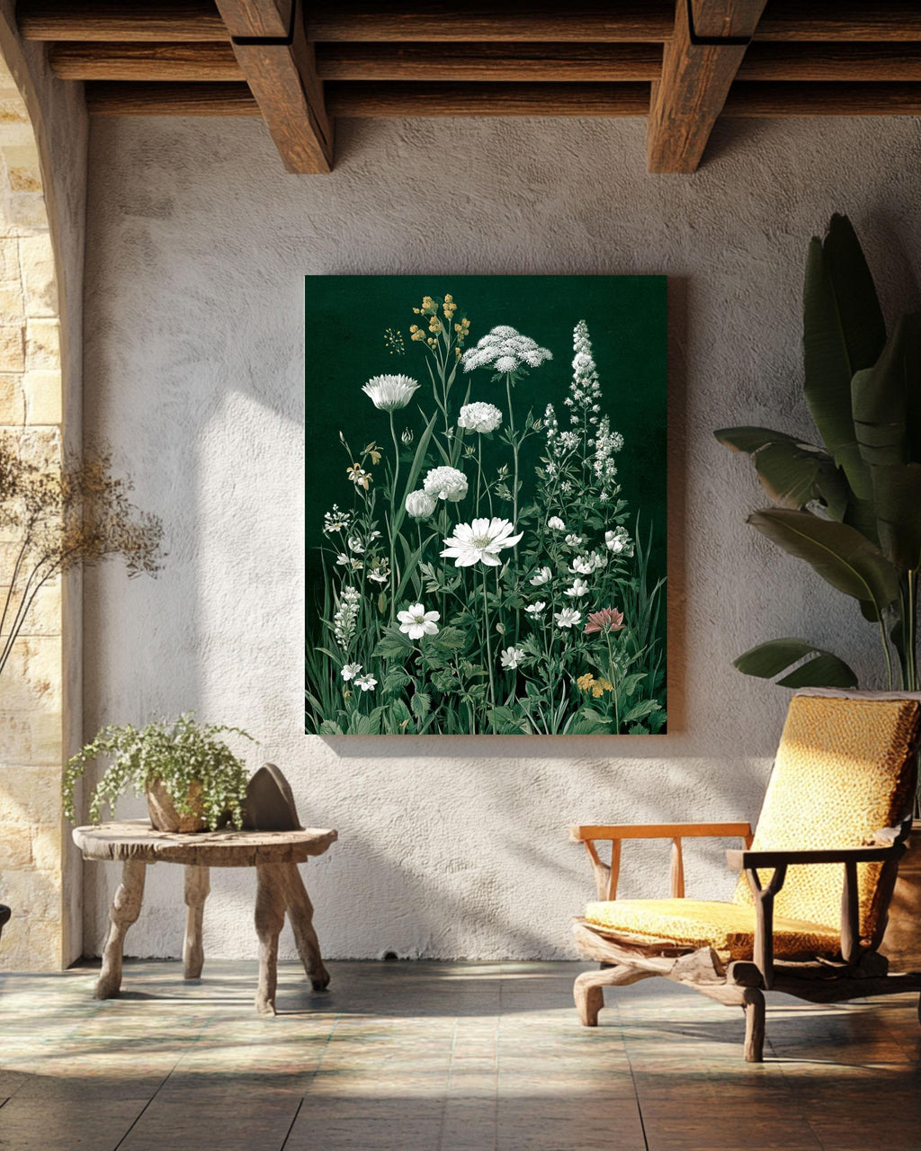 Botanical Wildflower Canvas: Dark Green Vintage Floral Illustration