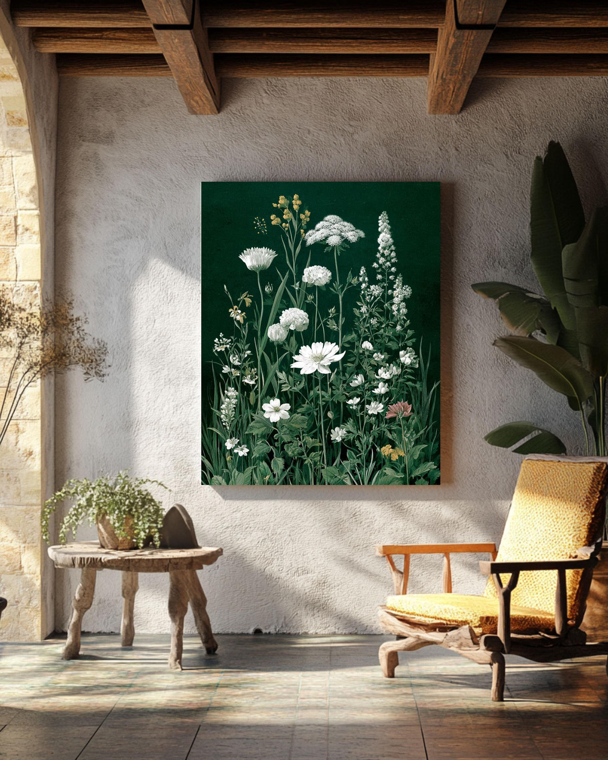 Botanical Wildflower Canvas: Dark Green Vintage Floral Illustration