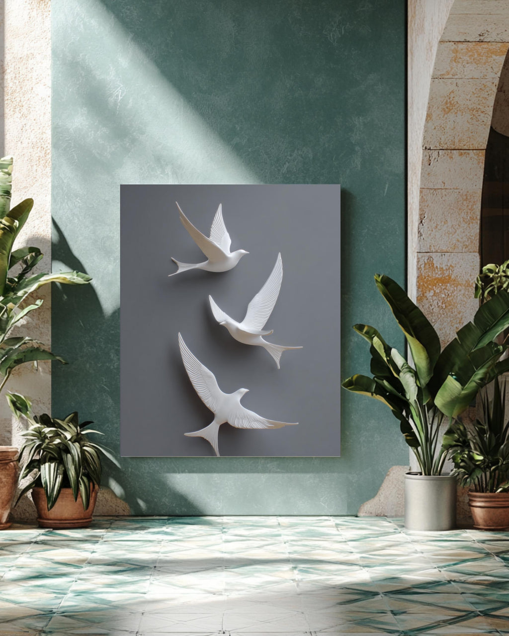 Minimalist 3D White Birds Wall Art, Modern Flight Sculpture Poster with Grey Background, Elegant Contemporary Canvas