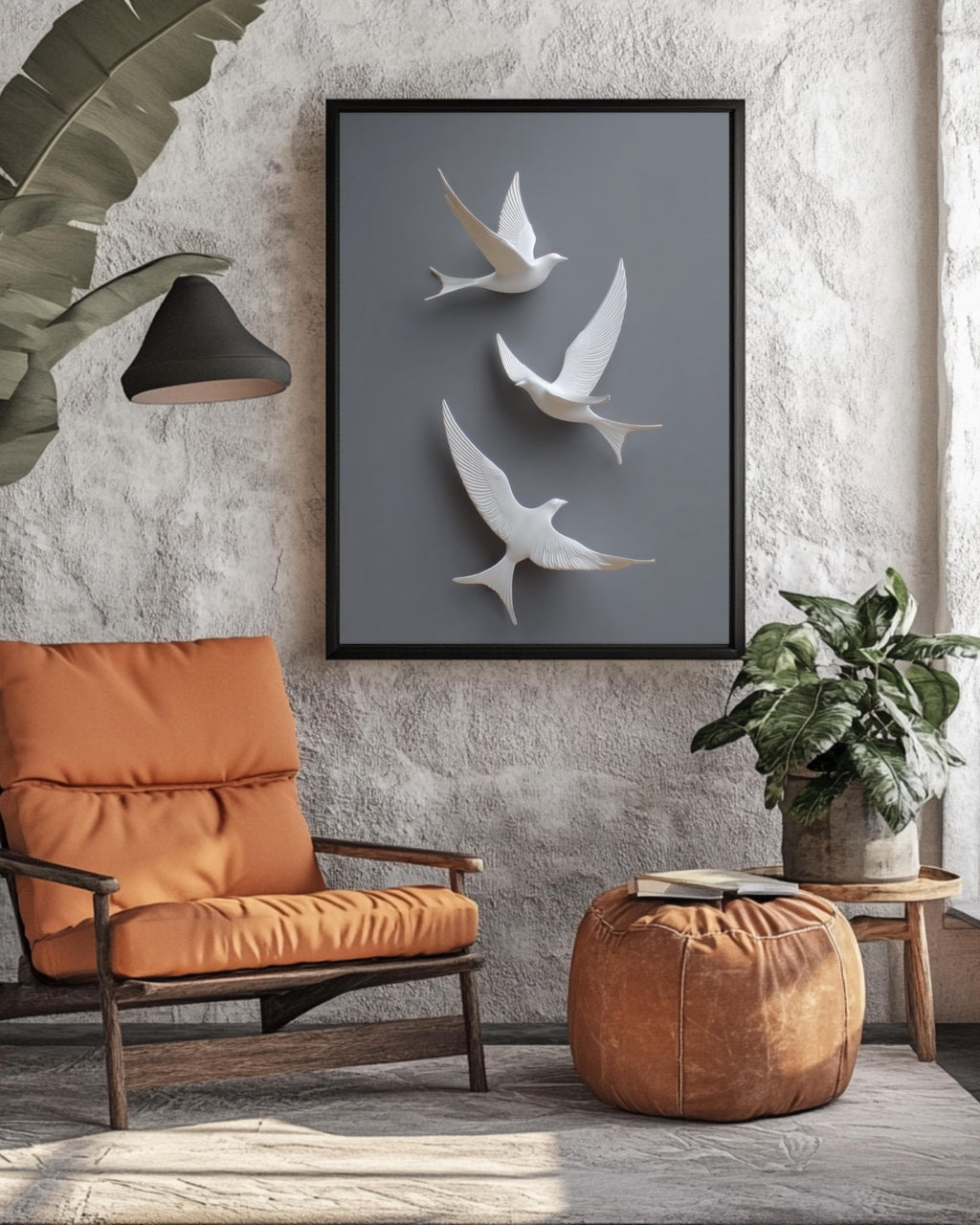 Minimalist 3D White Birds Wall Art, Modern Flight Sculpture Poster with Grey Background, Elegant Contemporary Canvas