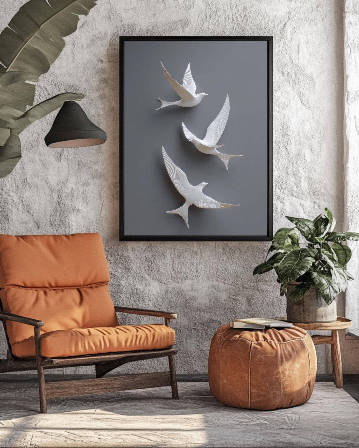 Minimalist 3D White Birds Wall Art, Modern Flight Sculpture Poster with Grey Background, Elegant Contemporary Canvas