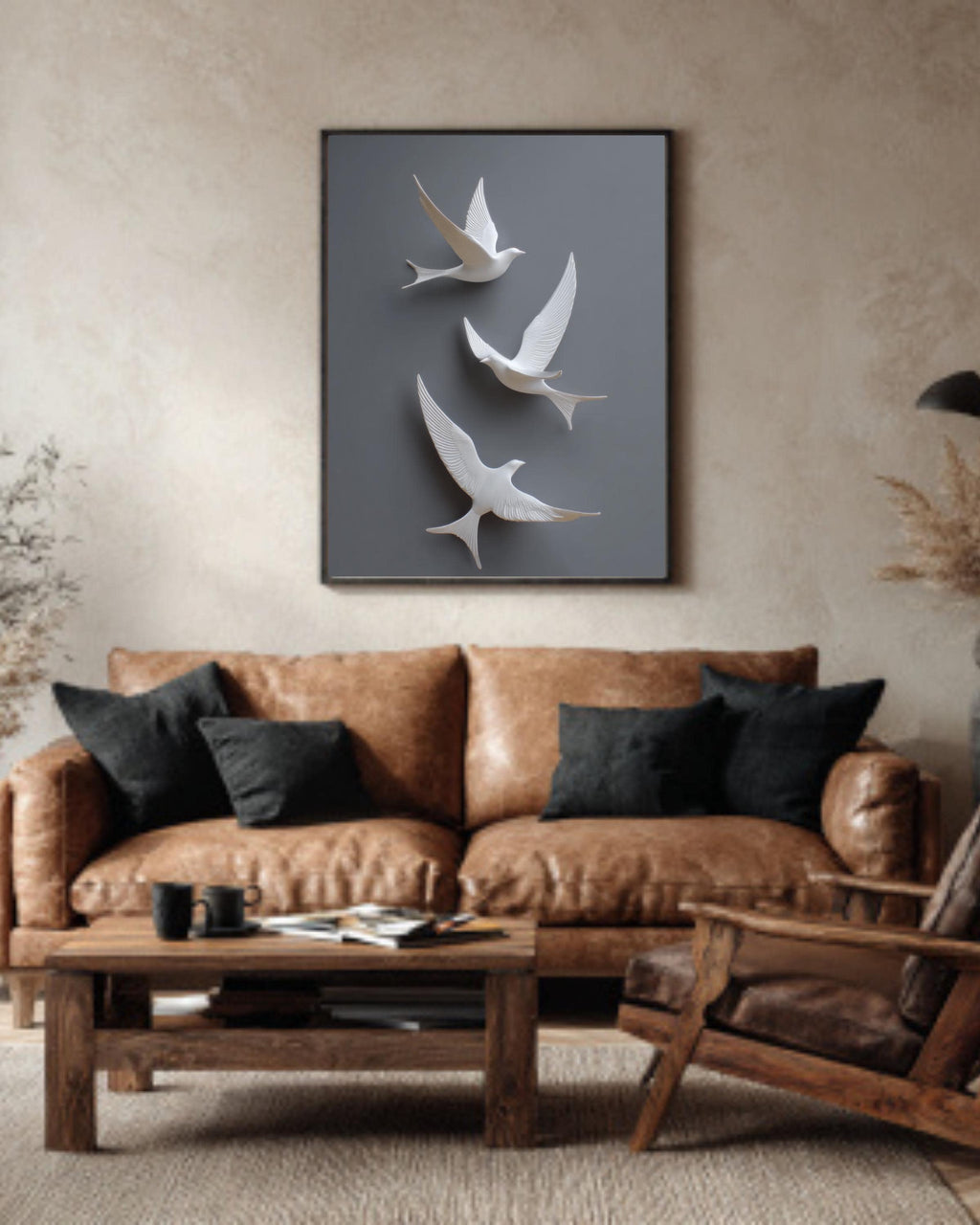 Minimalist 3D White Birds Wall Art, Modern Flight Sculpture Poster with Grey Background, Elegant Contemporary Canvas