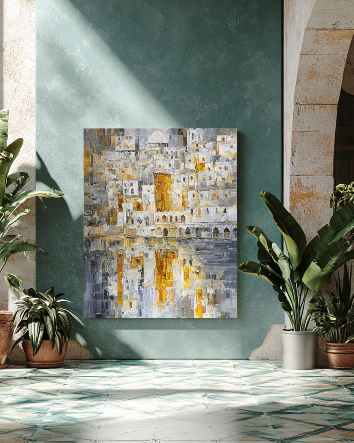 Abstract Jerusalem Cityscape Art Print, White and Gold Mosaic Oil Painting with Silver Reflections, Modern Holy City Poster Canvas
