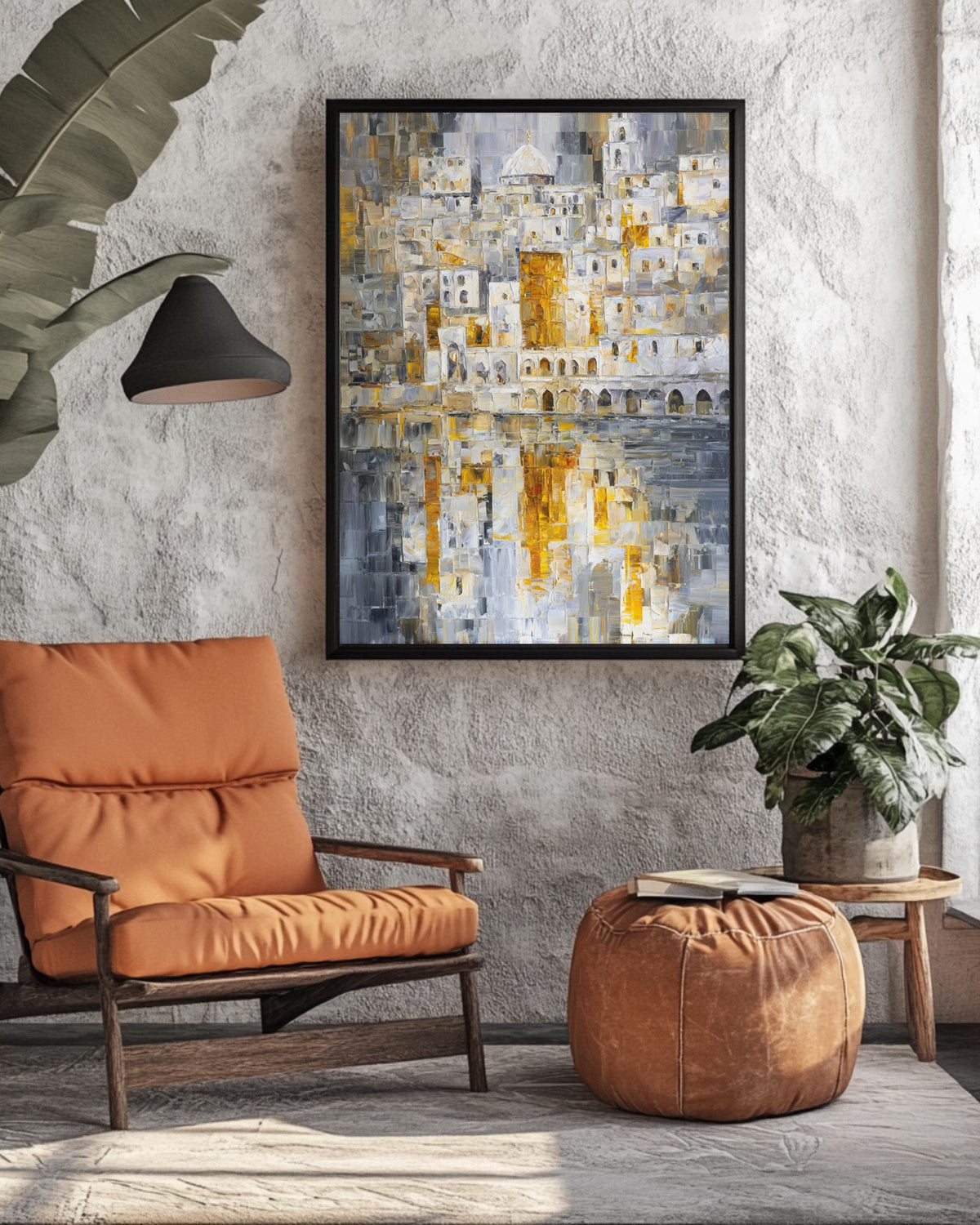 Abstract Jerusalem Cityscape Art Print, White and Gold Mosaic Oil Painting with Silver Reflections, Modern Holy City Poster Canvas