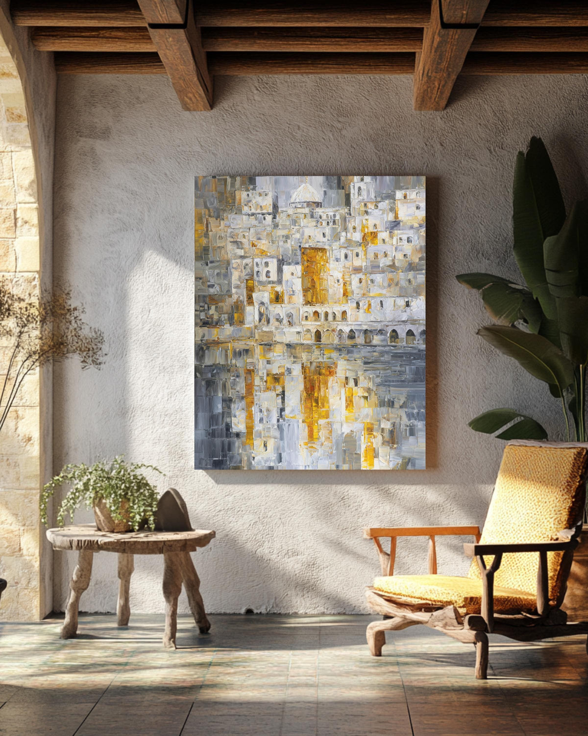 Abstract Jerusalem Cityscape Art Print, White and Gold Mosaic Oil Painting with Silver Reflections, Modern Holy City Poster Canvas