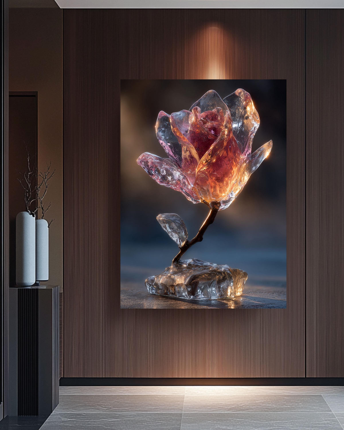 Glass Rose Frozen in Ice Canvas Print: Modern Crystal Flower Art