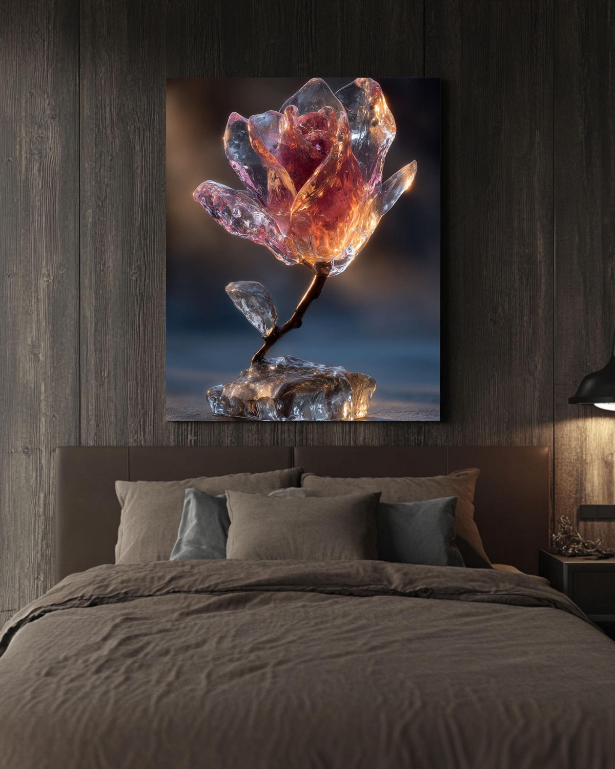Glass Rose Frozen in Ice Canvas Print: Modern Crystal Flower Art