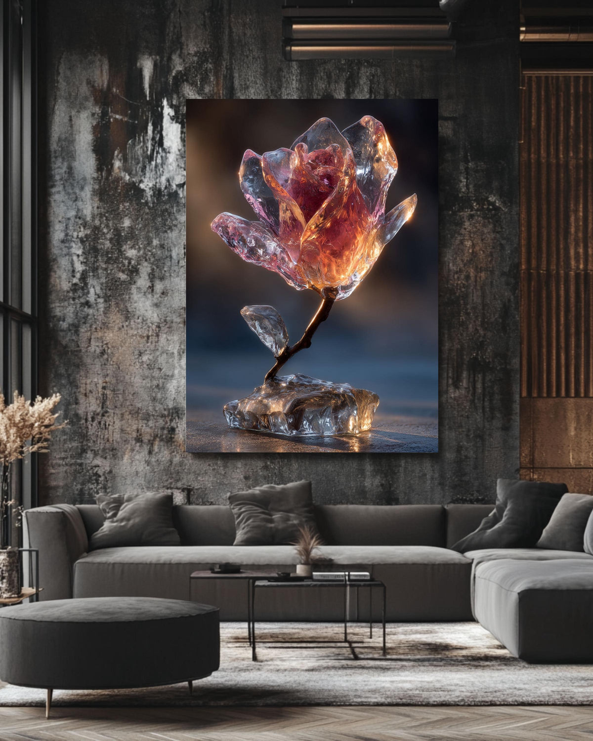 Glass Rose Frozen in Ice Canvas Print: Modern Crystal Flower Art