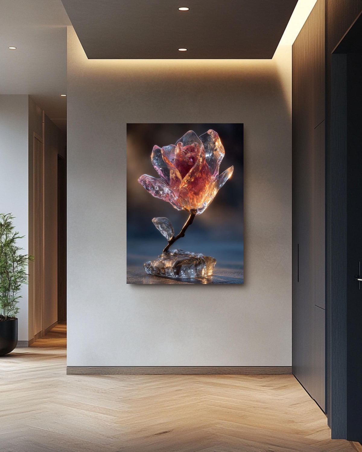Glass Rose Frozen in Ice Canvas Print: Modern Crystal Flower Art