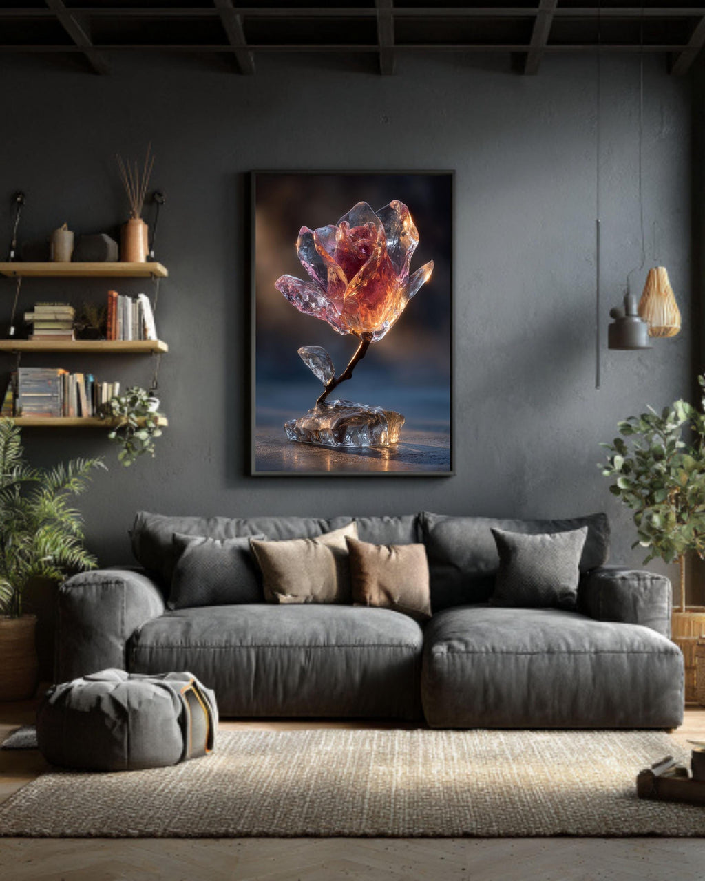 Glass Rose Frozen in Ice Canvas Print: Modern Crystal Flower Art