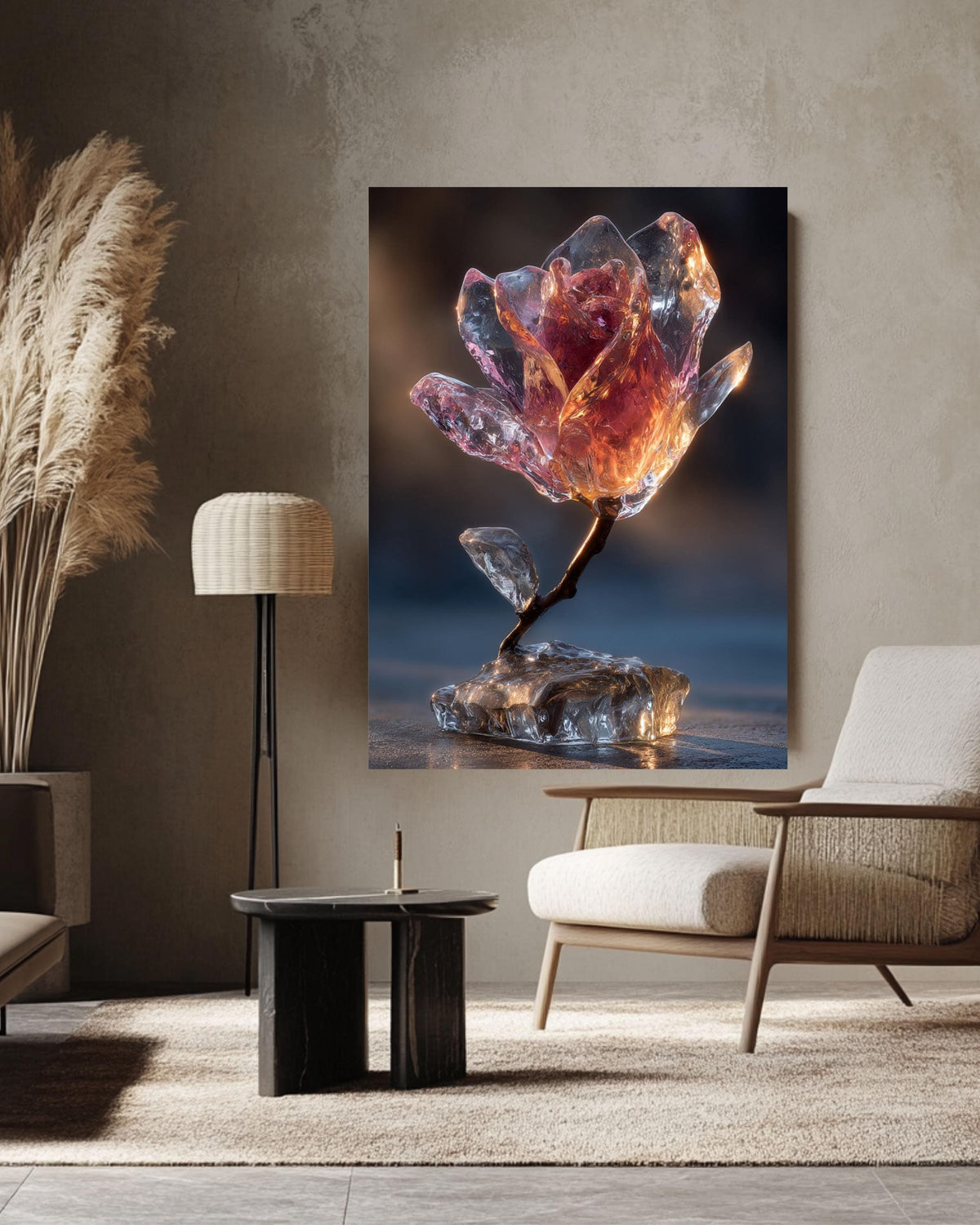 Glass Rose Frozen in Ice Canvas Print: Modern Crystal Flower Art