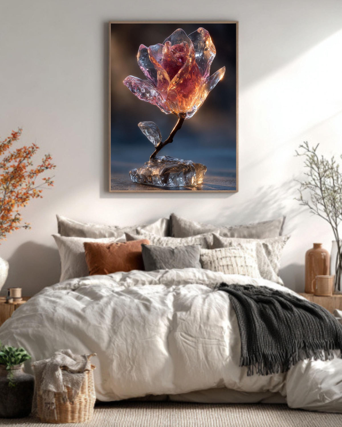 Glass Rose Frozen in Ice Canvas Print: Modern Crystal Flower Art