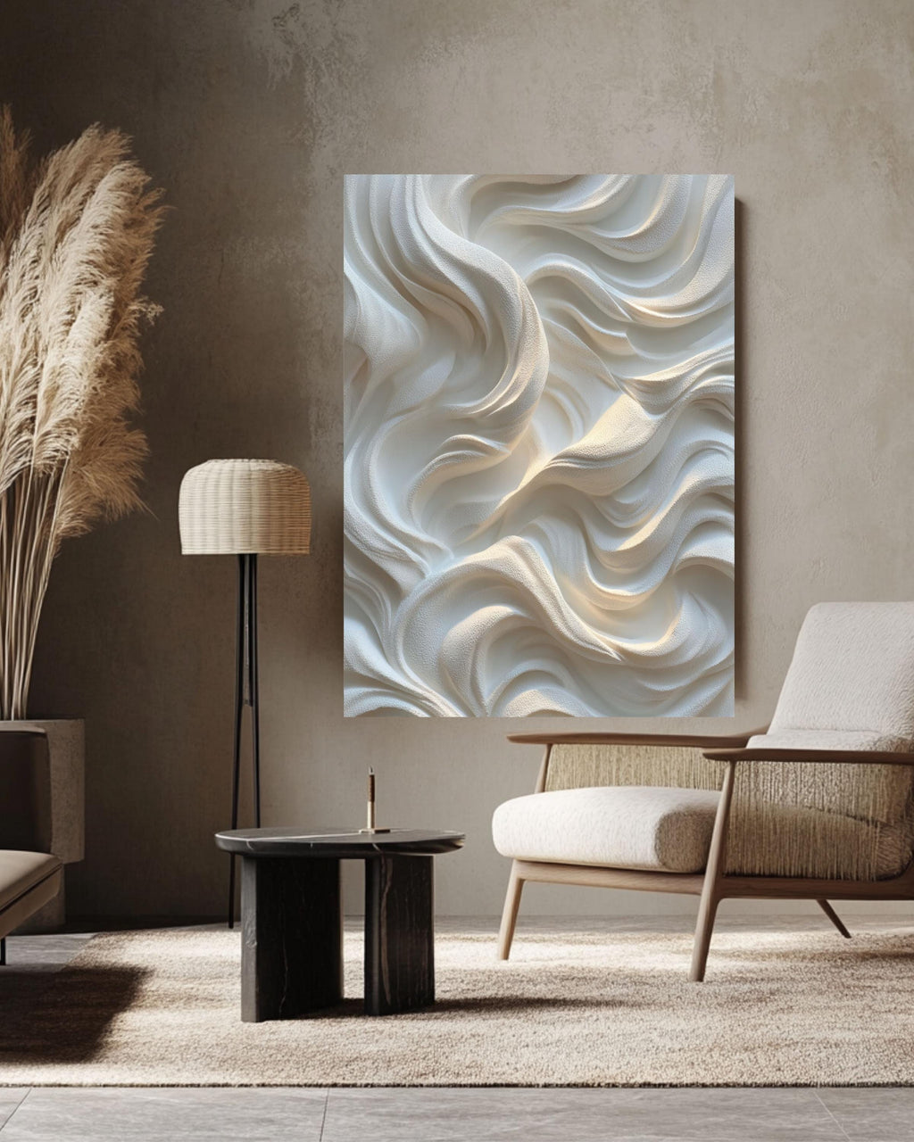White Wavy Relief Texture Canvas Art, Abstract Minimalist 3D Effect Wall Decor, Soft Light Sculptural Panel Print, Neutral Home