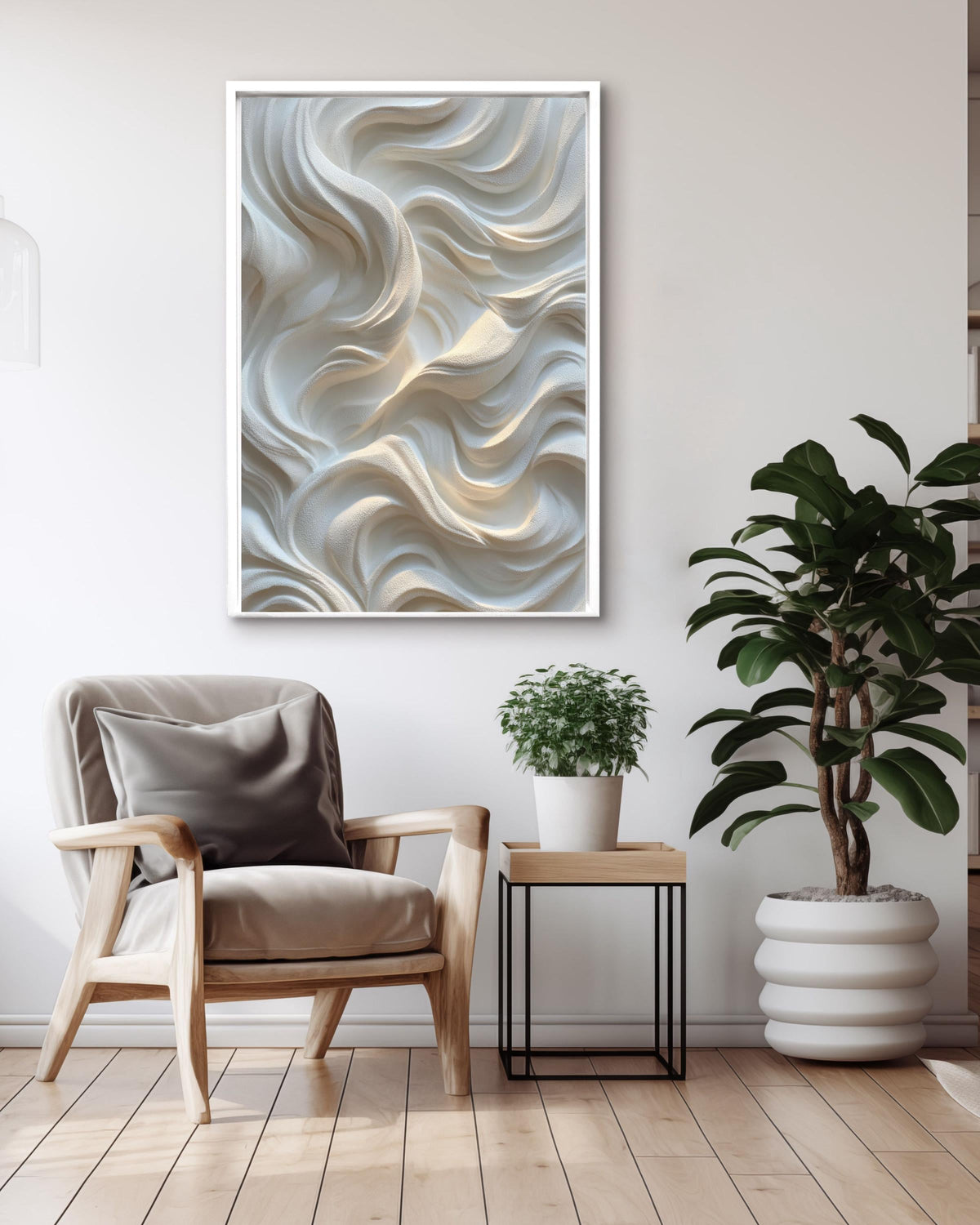 White Wavy Relief Texture Canvas Art, Abstract Minimalist 3D Effect Wall Decor, Soft Light Sculptural Panel Print, Neutral Home