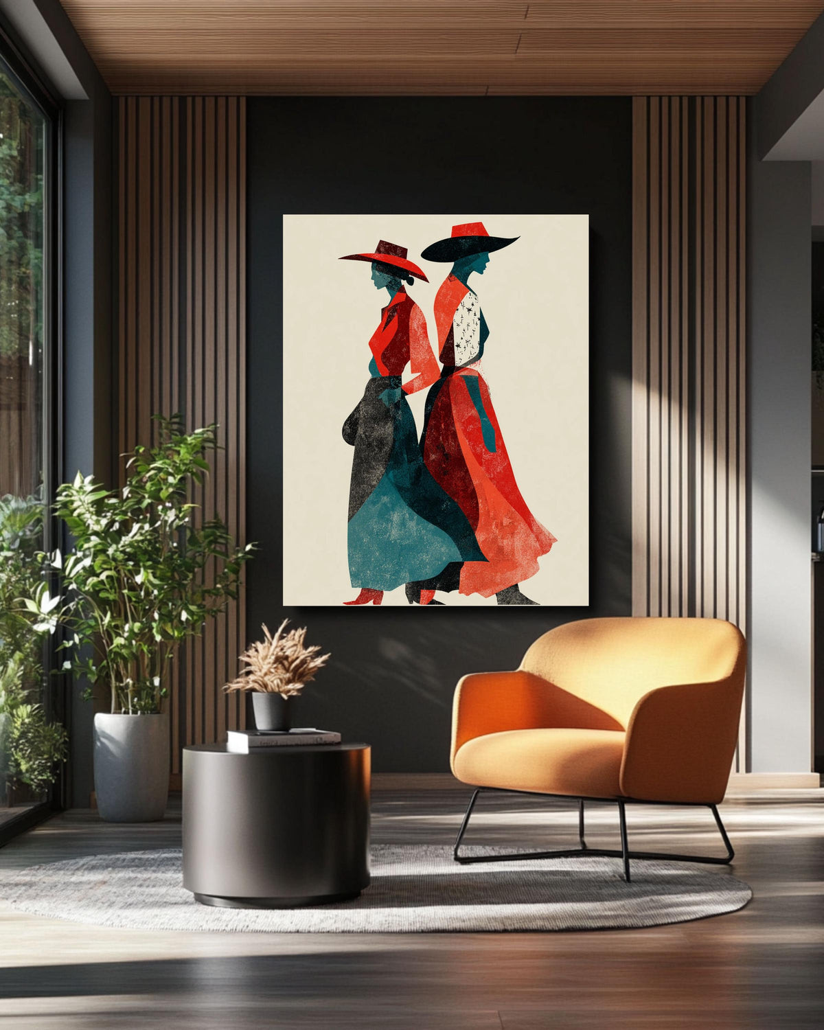Cowgirl Canvas Art: Retro Red & Teal Western Women Silhouette