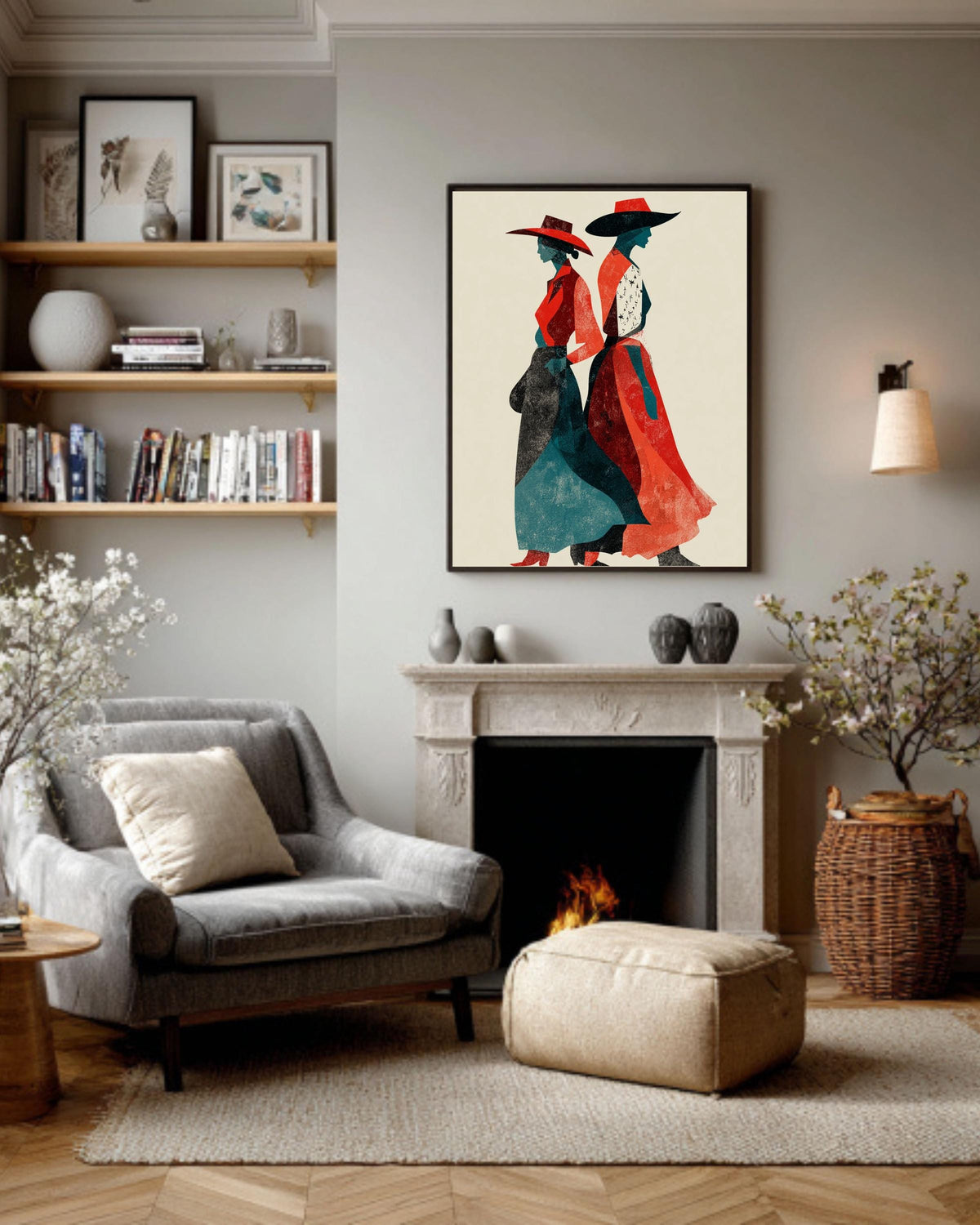Cowgirl Canvas Art: Retro Red & Teal Western Women Silhouette