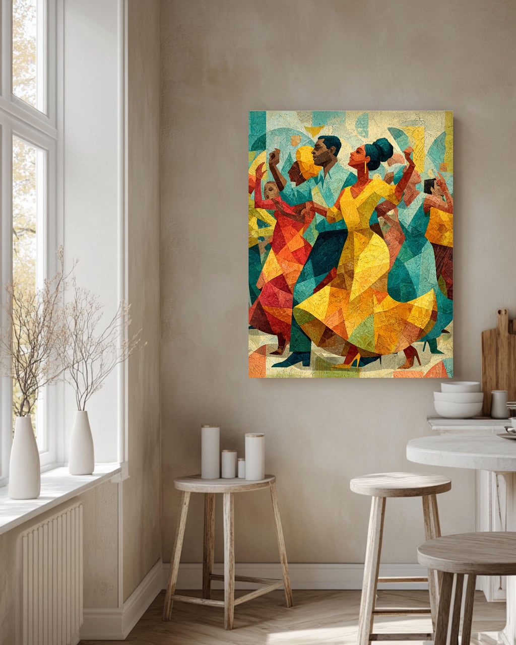 Cubist Dancing People Canvas Art: Modern Jazz Celebration Print