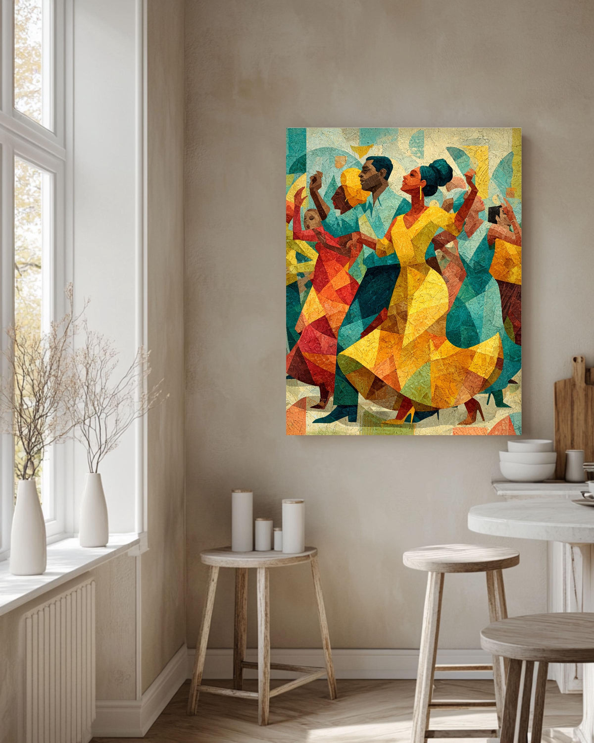 Cubist Dancing People Canvas Art: Modern Jazz Celebration Print