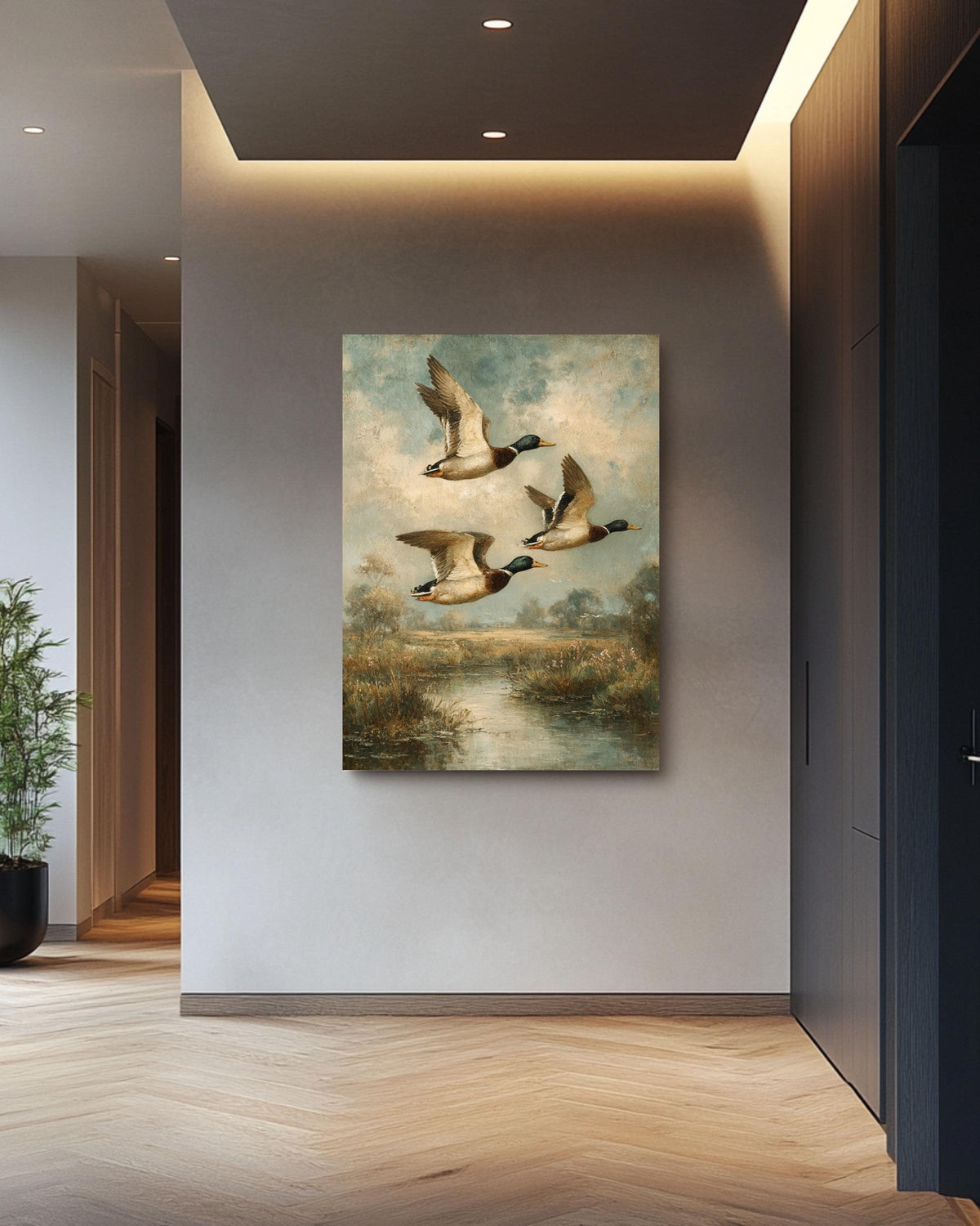 Vintage Mallard Ducks Oil Painting on Canvas: Rustic Wildlife Art Print