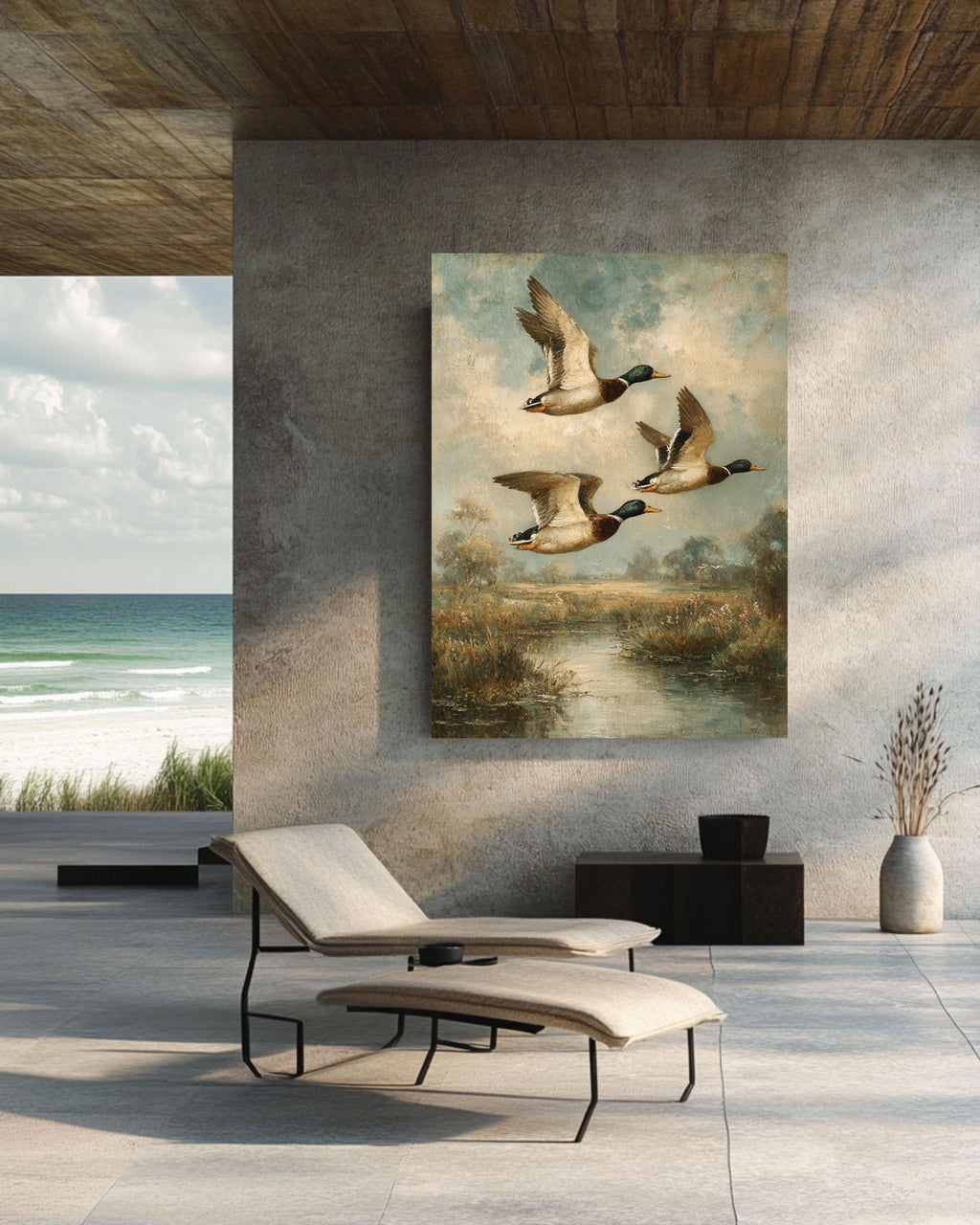 Vintage Mallard Ducks Oil Painting on Canvas: Rustic Wildlife Art Print