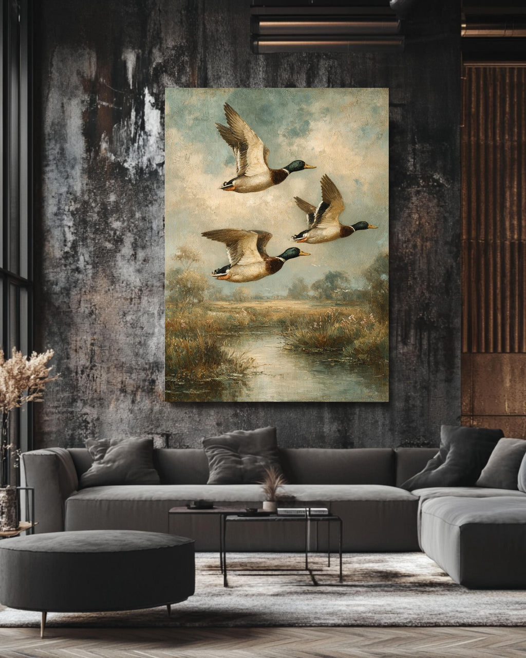 Vintage Mallard Ducks Oil Painting on Canvas: Rustic Wildlife Art Print