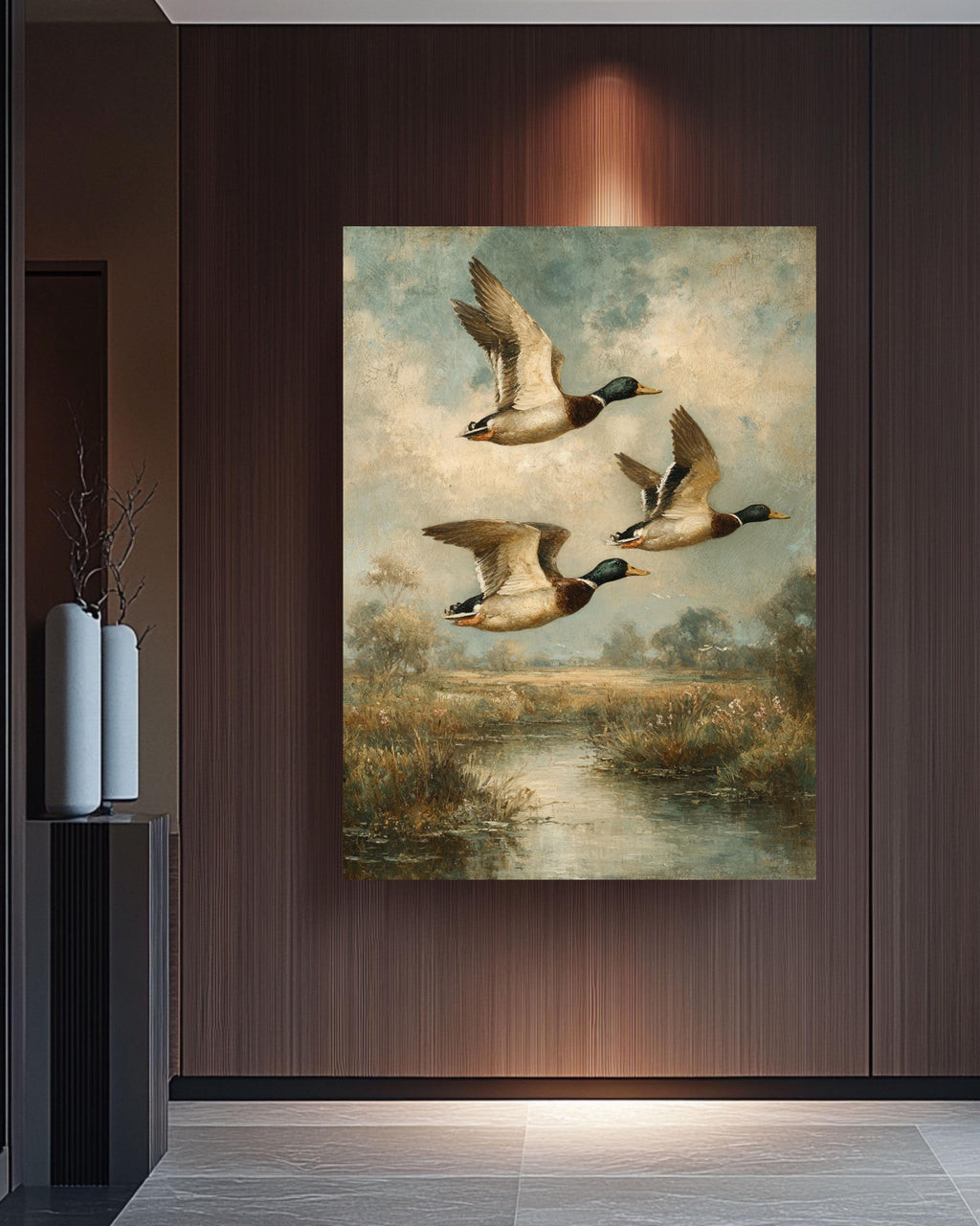 Vintage Mallard Ducks Oil Painting on Canvas: Rustic Wildlife Art Print