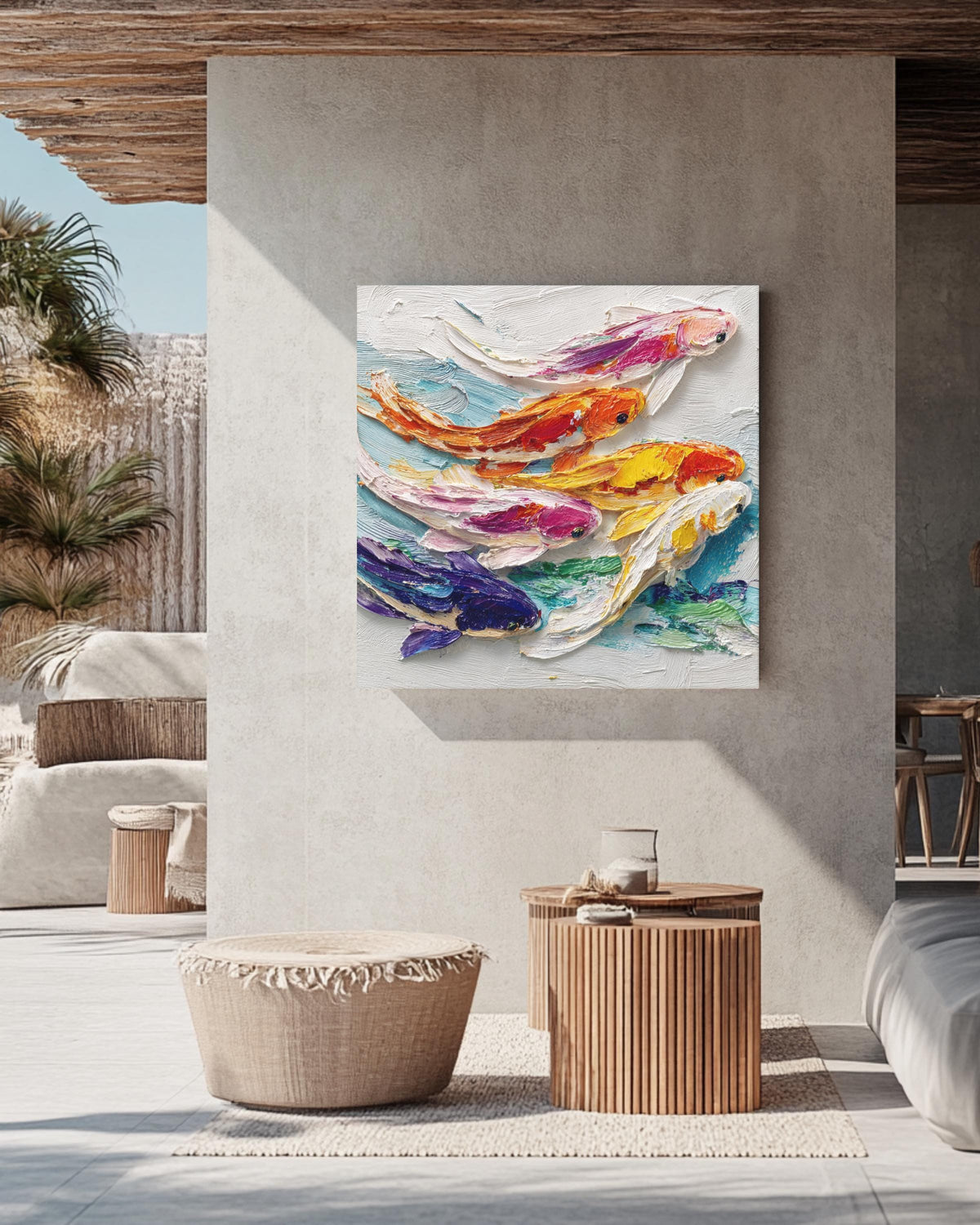 Vibrant Koi Fish Oil Painting Wall Art, Colorful Textured Brushstroke Poster Canvas, Japanese Symbol of Luck and Harmony Home Decor Gift