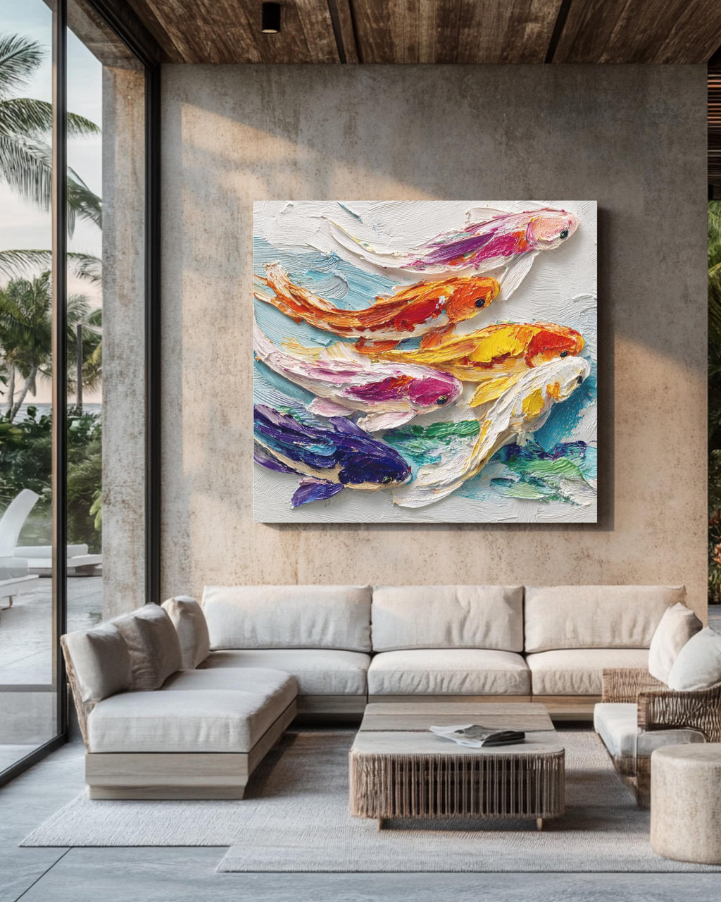 Vibrant Koi Fish Oil Painting Wall Art, Colorful Textured Brushstroke Poster Canvas, Japanese Symbol of Luck and Harmony Home Decor Gift