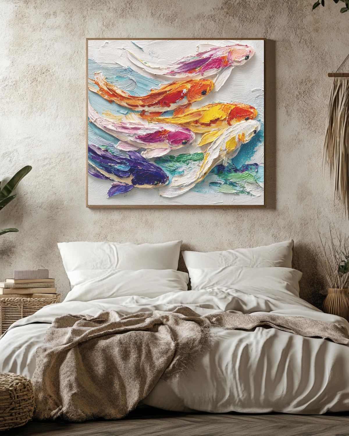 Vibrant Koi Fish Oil Painting Wall Art, Colorful Textured Brushstroke Poster Canvas, Japanese Symbol of Luck and Harmony Home Decor Gift