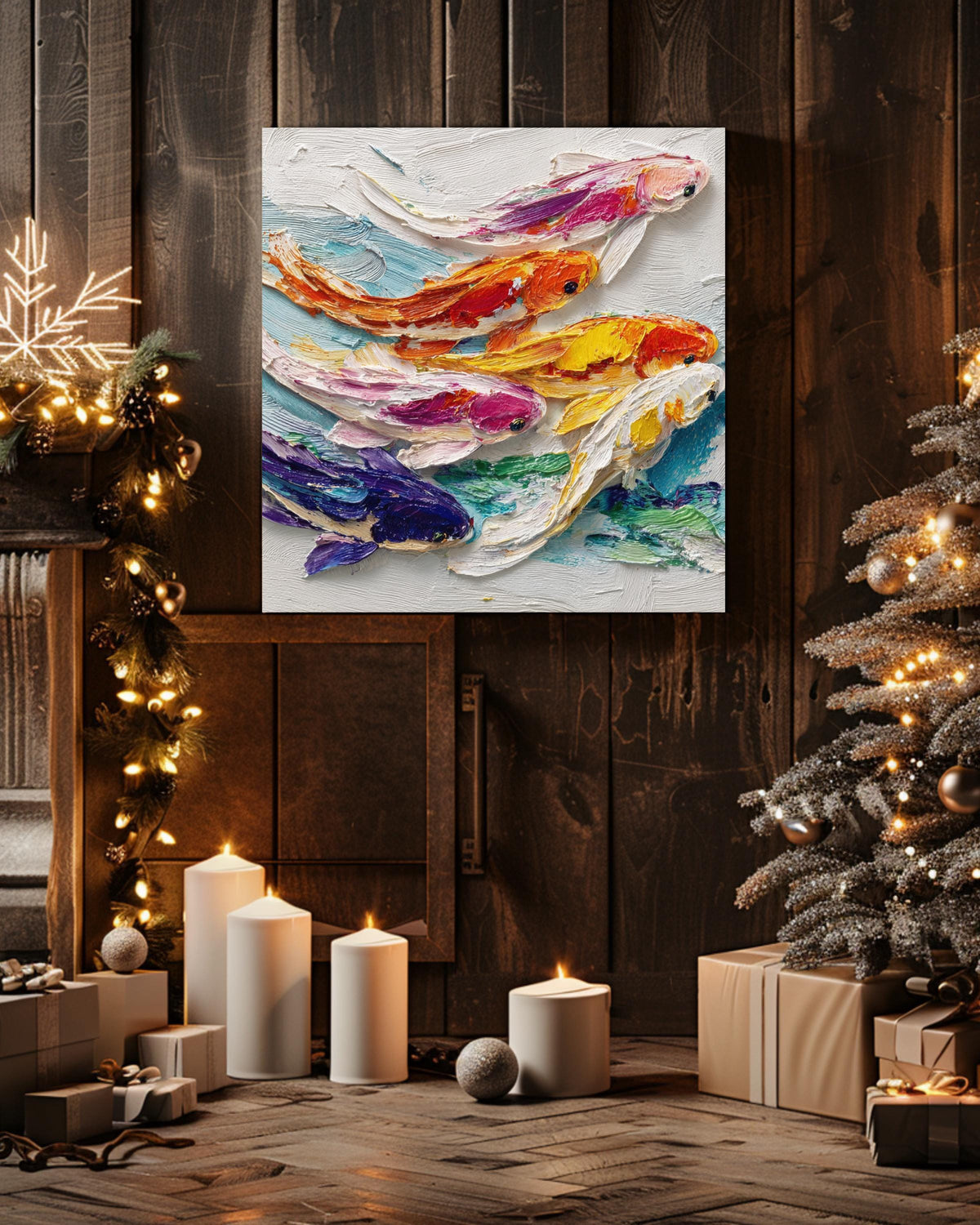 Vibrant Koi Fish Oil Painting Wall Art, Colorful Textured Brushstroke Poster Canvas, Japanese Symbol of Luck and Harmony Home Decor Gift