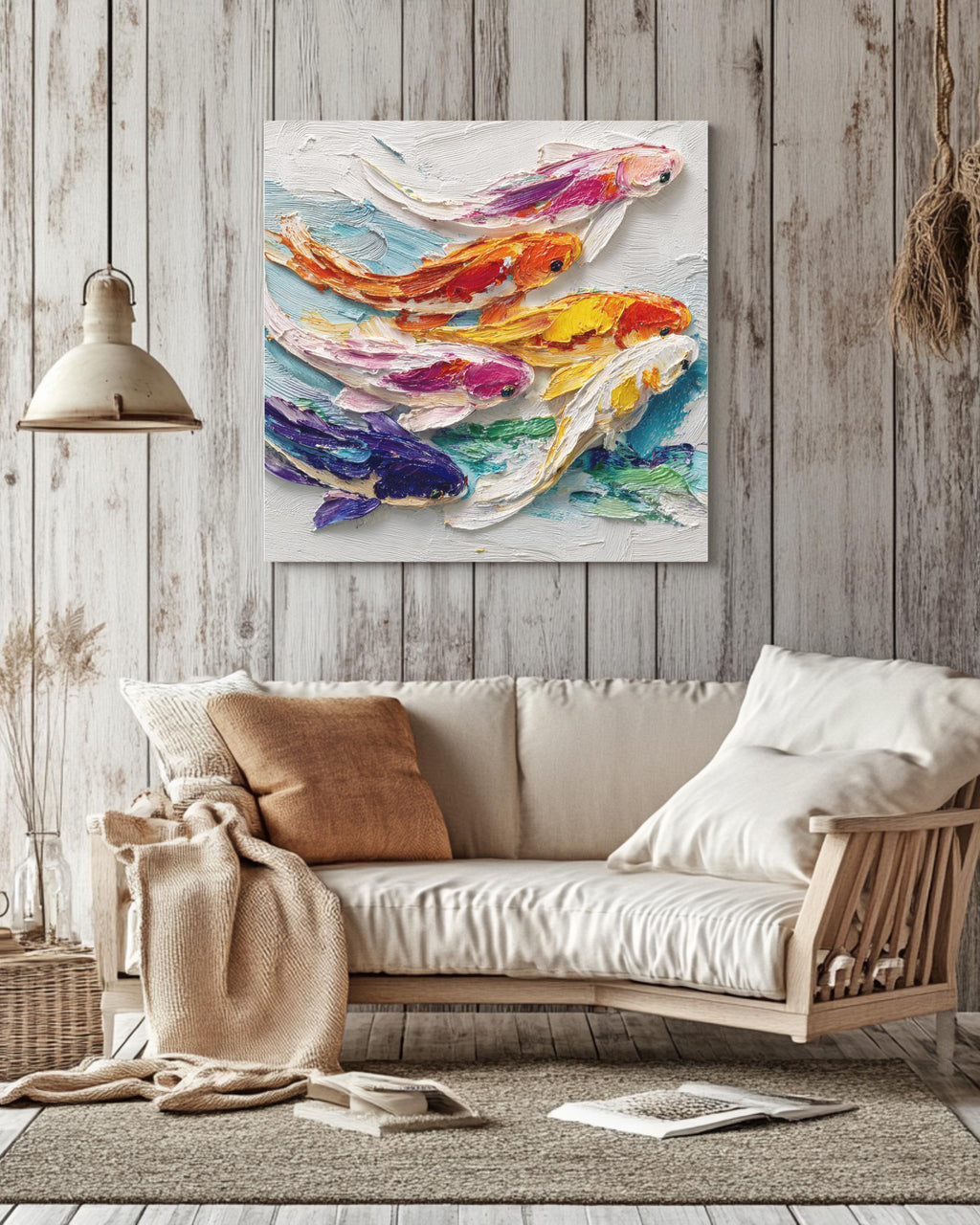 Vibrant Koi Fish Oil Painting Wall Art, Colorful Textured Brushstroke Poster Canvas, Japanese Symbol of Luck and Harmony Home Decor Gift