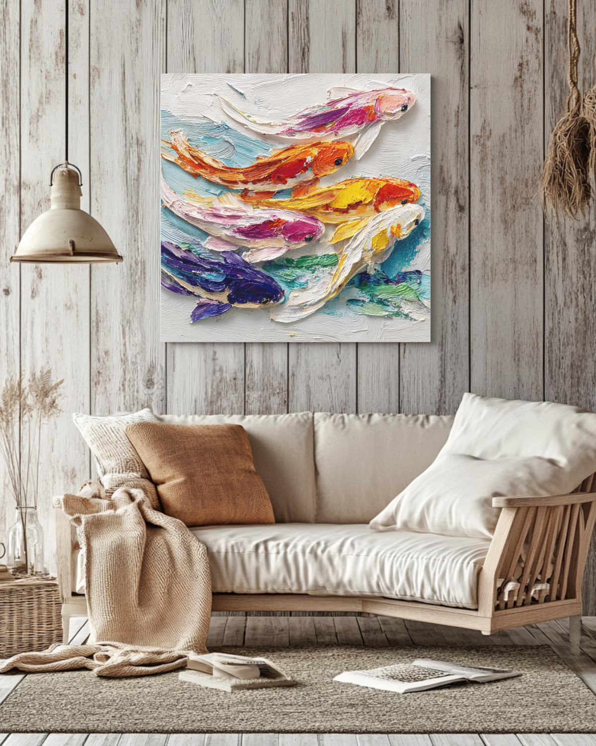 Vibrant Koi Fish Oil Painting Wall Art, Colorful Textured Brushstroke Poster Canvas, Japanese Symbol of Luck and Harmony Home Decor Gift
