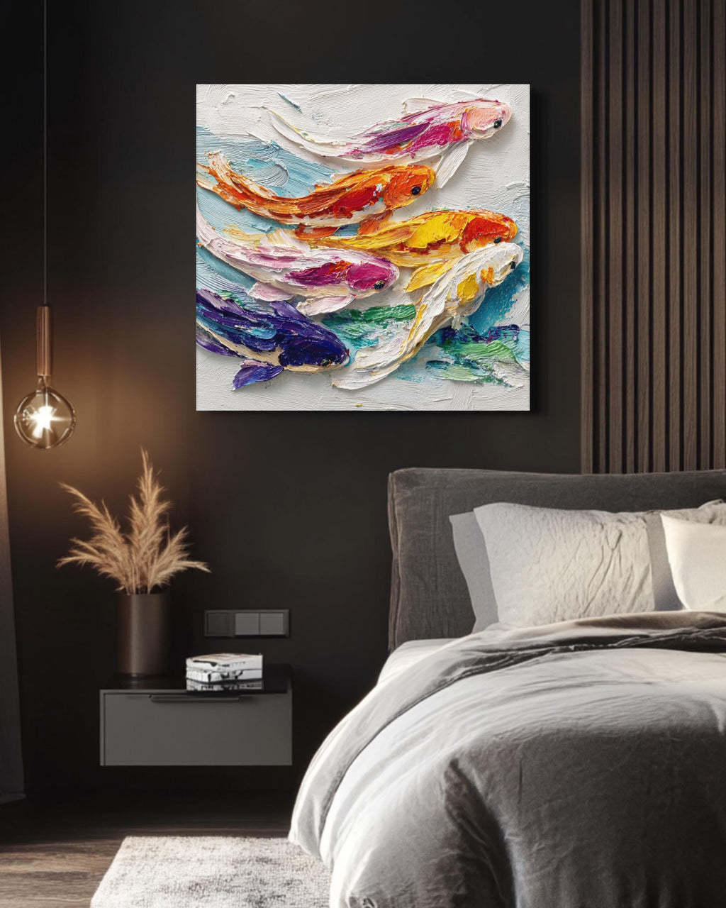 Vibrant Koi Fish Oil Painting Wall Art, Colorful Textured Brushstroke Poster Canvas, Japanese Symbol of Luck and Harmony Home Decor Gift